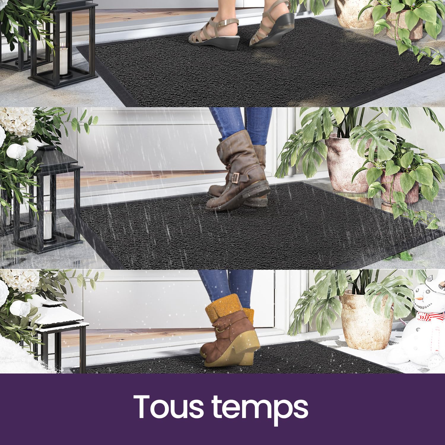 DEXI Paillasson Exterieur Entree 60 x 90 cm, Tapis Entrée Interieur Antidérapant, Profil Bas, Lavable, Anti-saleté pour Couloir, Jardin, Cour, Gris