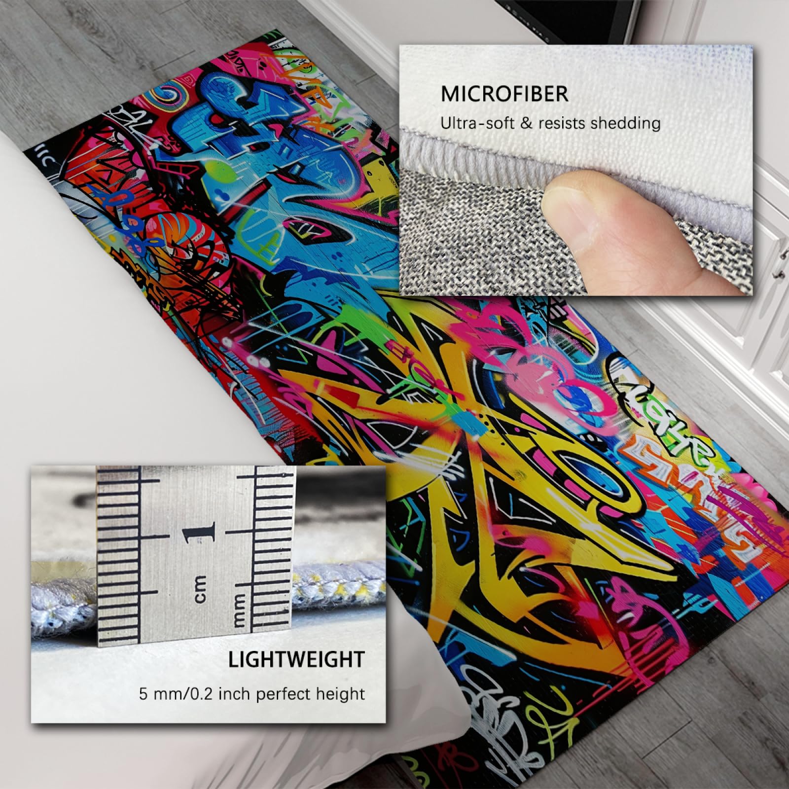 Großer Kinderzimmerteppich Bunter Graffiti Abstrakter Teppich Rutschfester waschbarer Küchenläufer Teppiche Faltbarer Teppich für Schlafzimmer Nachttisch 150x210cm