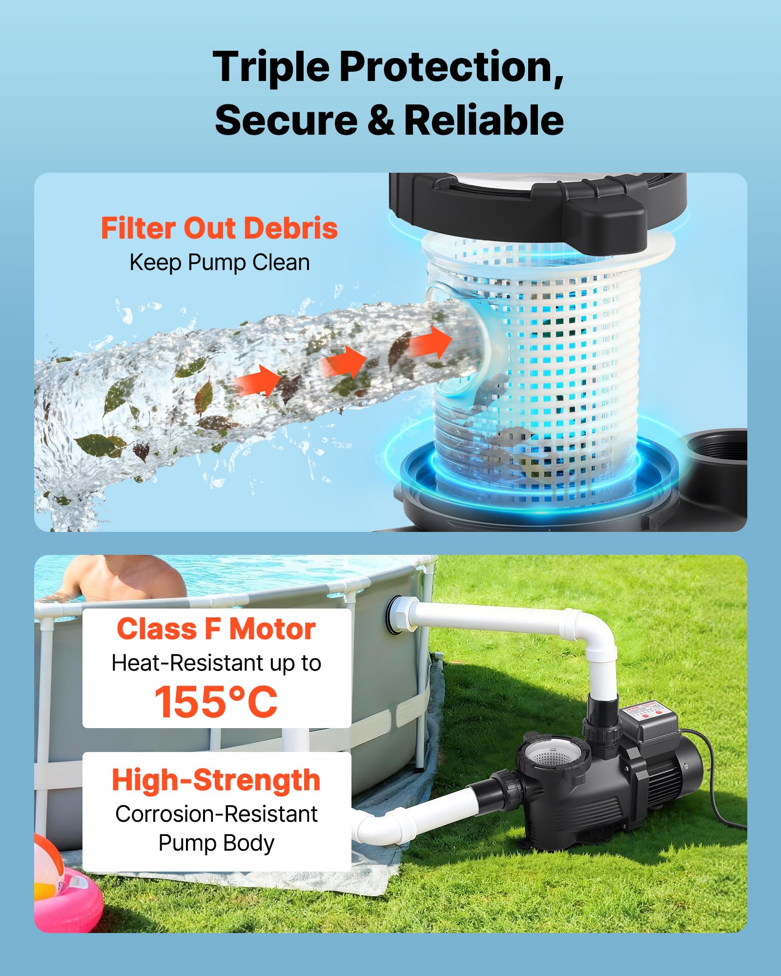 VEVOR Bomba para Piscina 400 W Caudal Máximo de 11100 L/H Bomba de Filtración para Piscina de Una Sola Velocidad, CA 220-240 V, Altura de Elevación Máxima de 10 m, con Temporizador de 24 Horas
