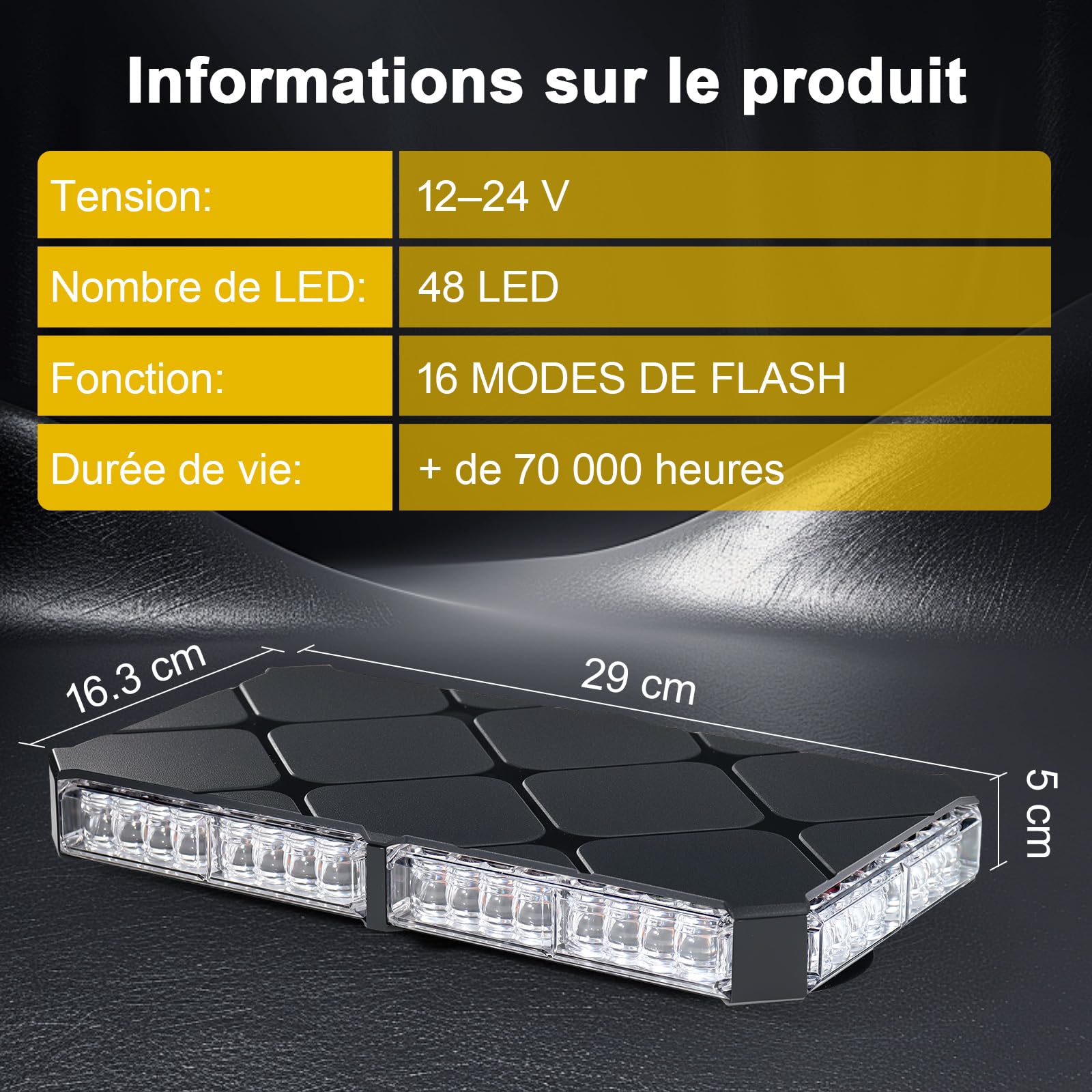Rampe Gyrophare LED Magnétique 12V 24V, Orange, 48 LEDs, IP67 | Base Aimantée 130 km/h, Câble 4,8m, 16 Motifs Stroboscopiques, Patin Anti-Rayures, pour Utilitaires et Chantiers