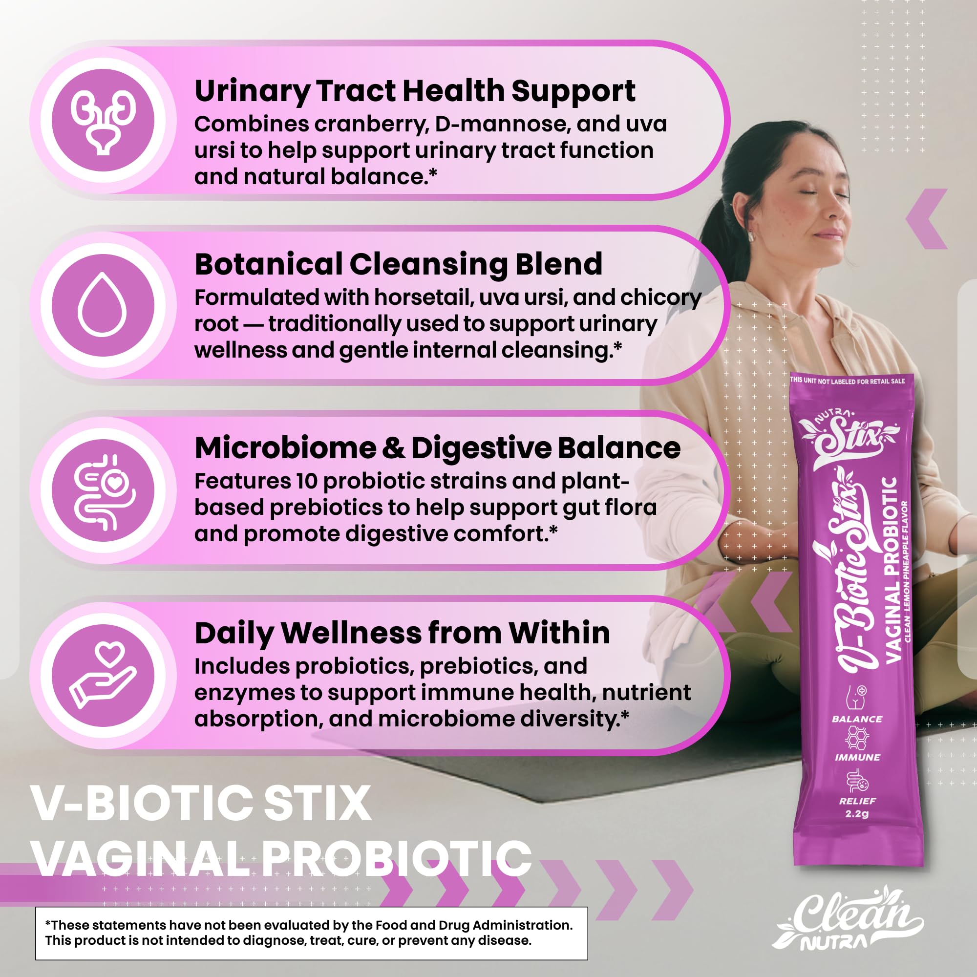 Clean Nutraceuticals Vaginal Probiotics for Women with Cranberry Extract, D-Mannose, Prebiotics, pH Balance for Women, Vaginal Health – Womens Probiotic Alternative to Gummies - 20 Stix — Amazon image 5