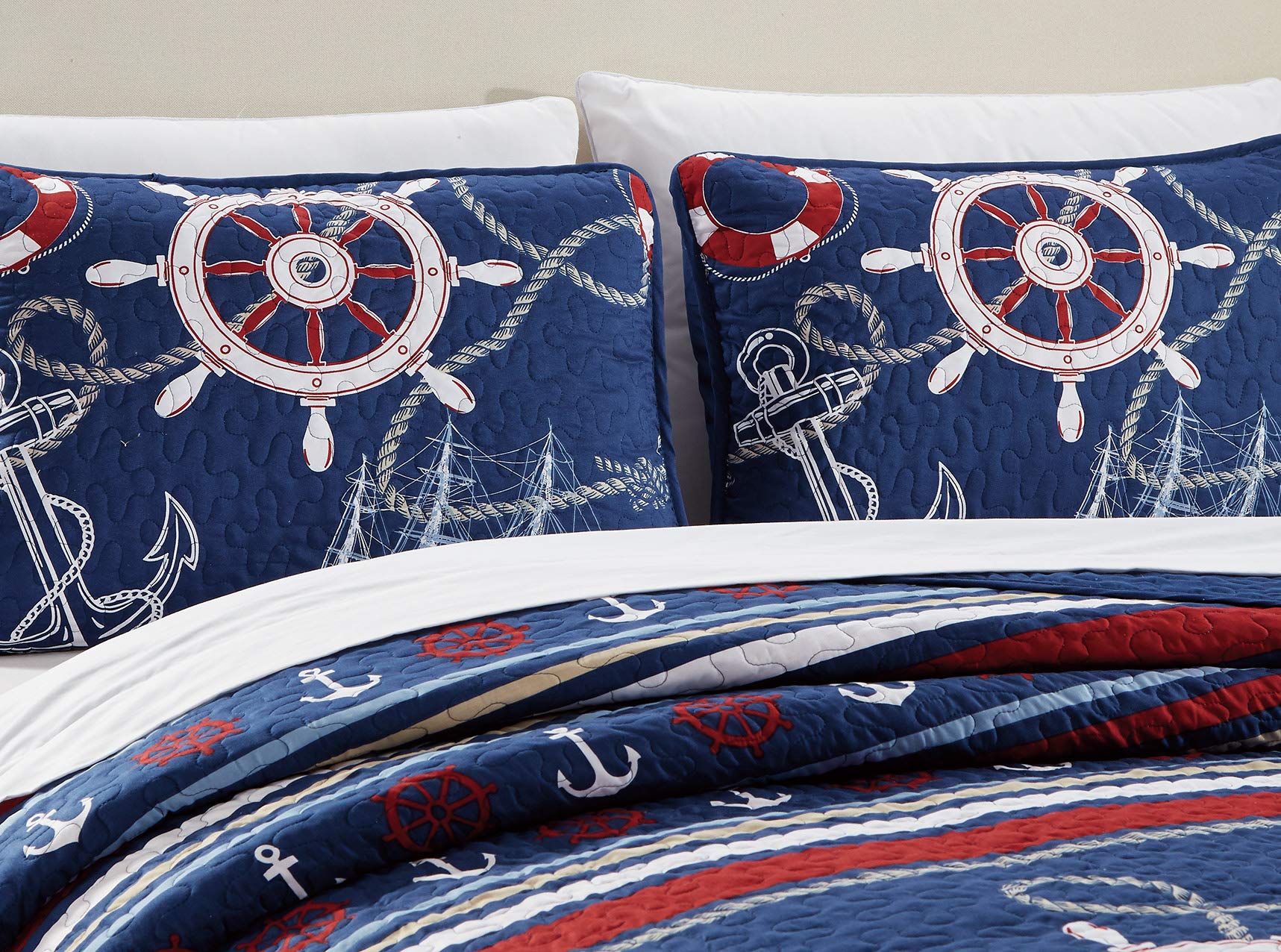 Kids Zone Home Linen Bedspread Set Navy Blue Red White Ships Rope Anchor Stripes New (Full/Queen)