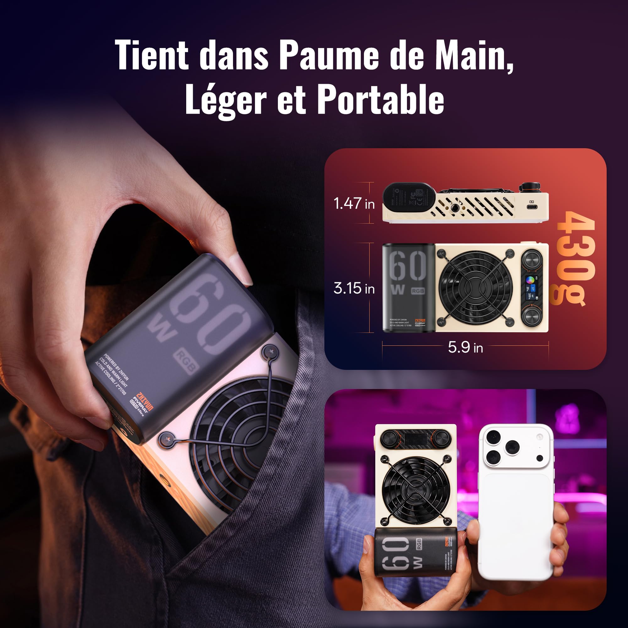 ZHIYUN FIVERAY M60 Ultra 60W RGB Lumiere Vidéo[Officiel] Lumiere LED pour Camera, Cold Shoe, Magnétique Mount, éclairage Vidéo Portable, Batterie 4500mAh, Contrôle APP&Maître-Esclave,2500K~10000K,430g