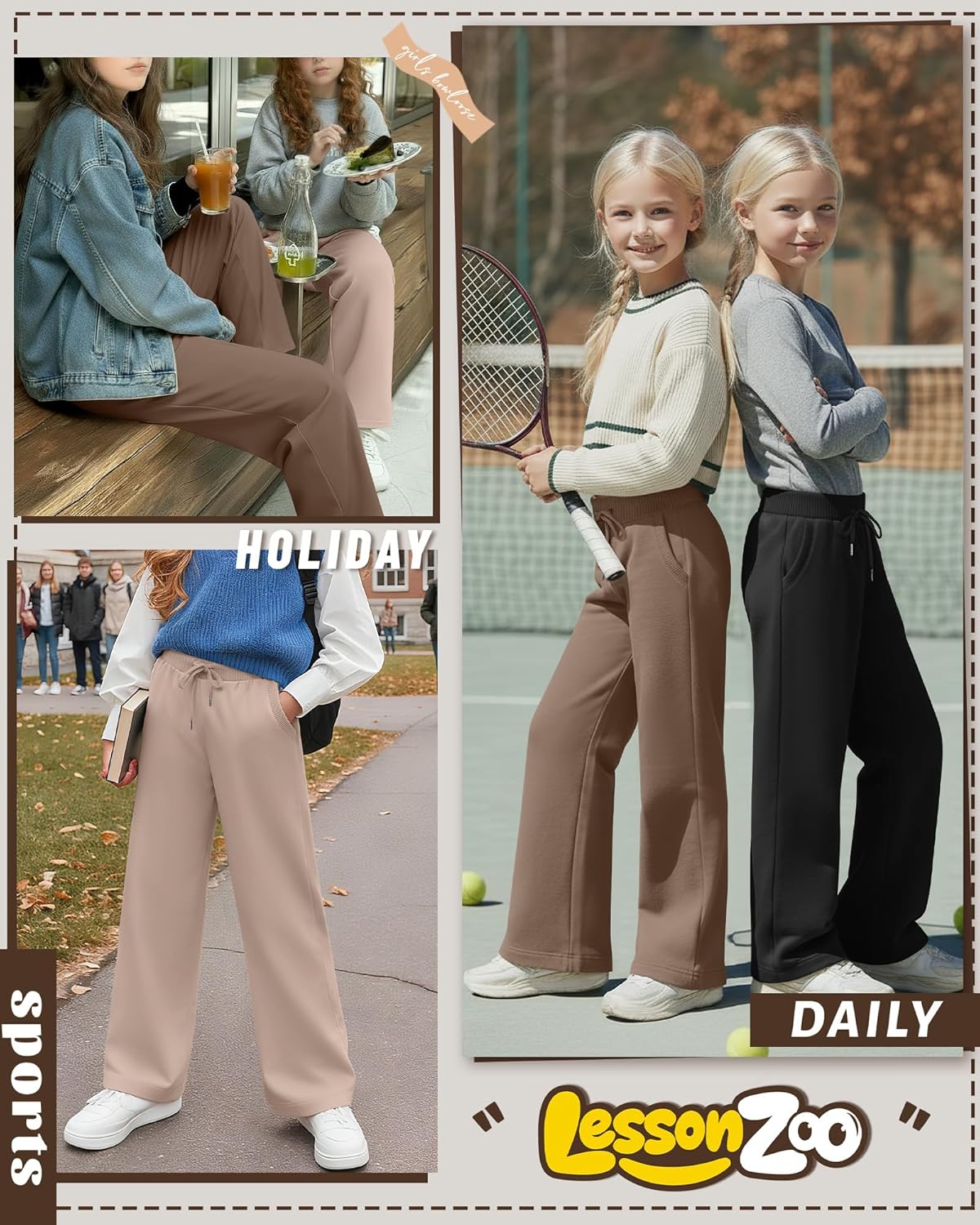 3 Pack Girls Sweatpants Straight Leg Ribbed Waist Active Joggers Teens Athletic Pants with Drawstring and Pockets - Image 5