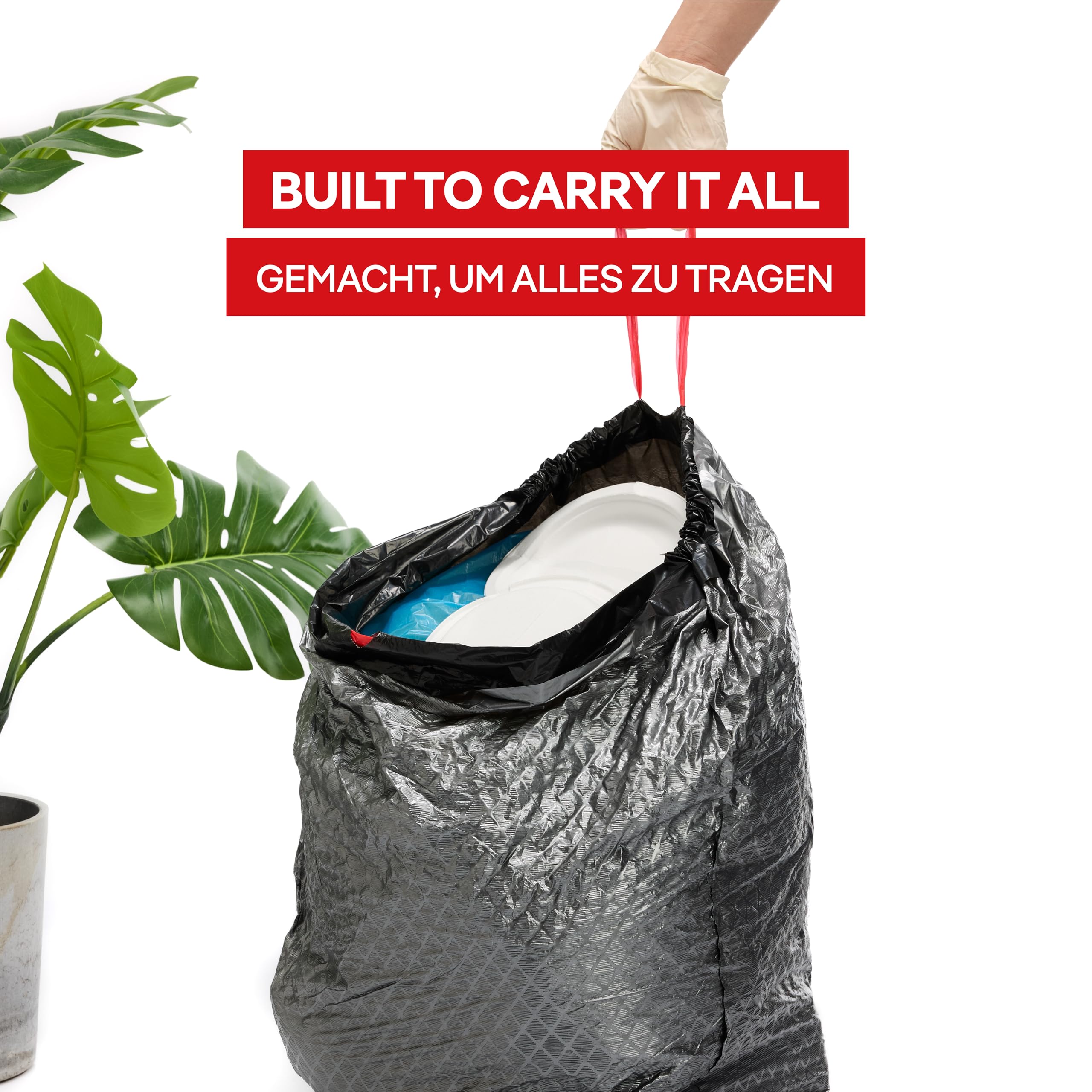 ALUFIX Sacchi della spazzatura Pro con cordino/Extra FLEXY LDPE 2 strati, 60 l, 10 sacchetti della spazzatura, 1 rotolo, 33 μm/acciaio nero, 64 × 69 cm, contro crepe e forature/innovativi, eleganti
