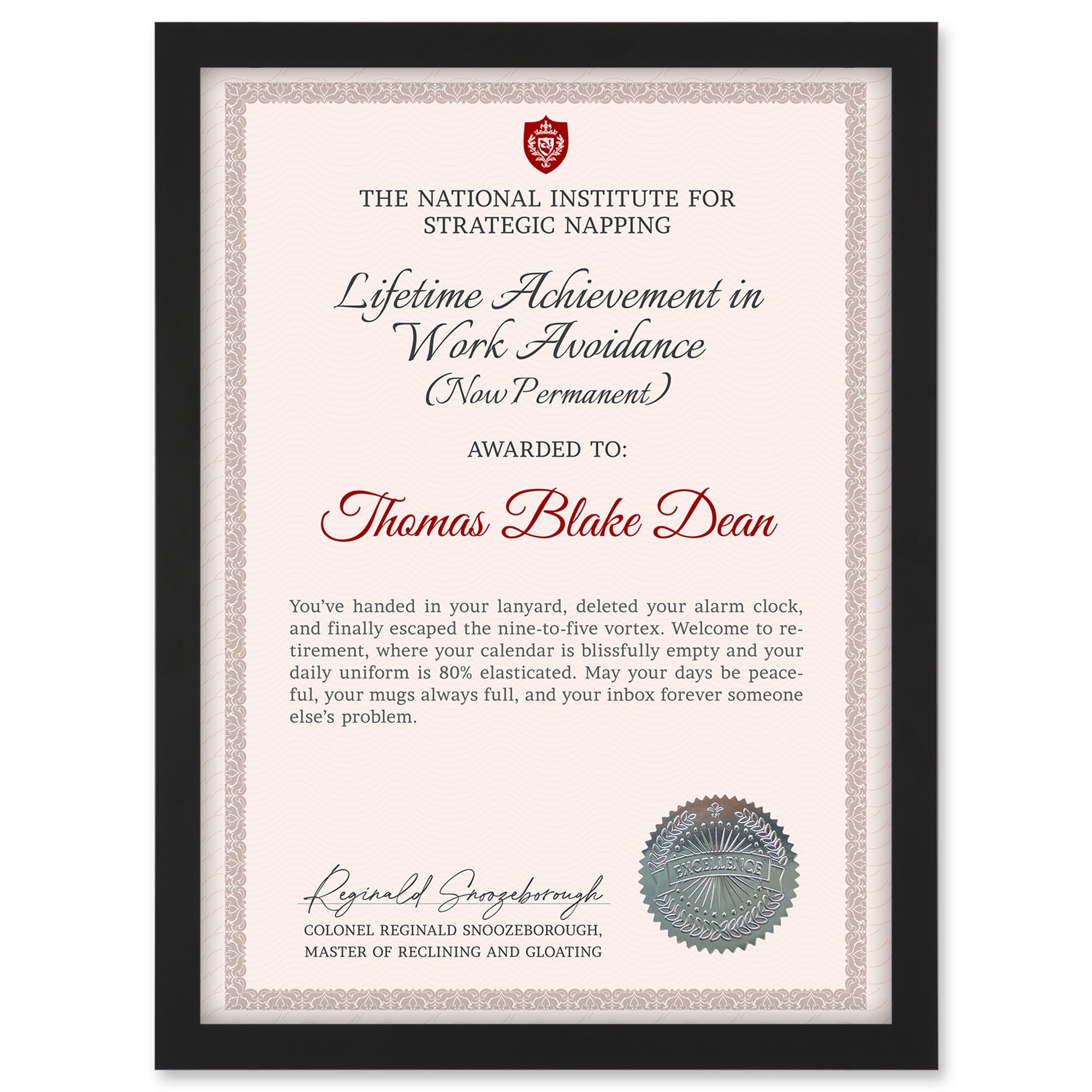 Artery8 Personalised Fun Fake Certificate Lifetime Achievement Work Avoidance Funny Gag Fun Joke Retirement A4 Black Framed Diploma Novelty Award