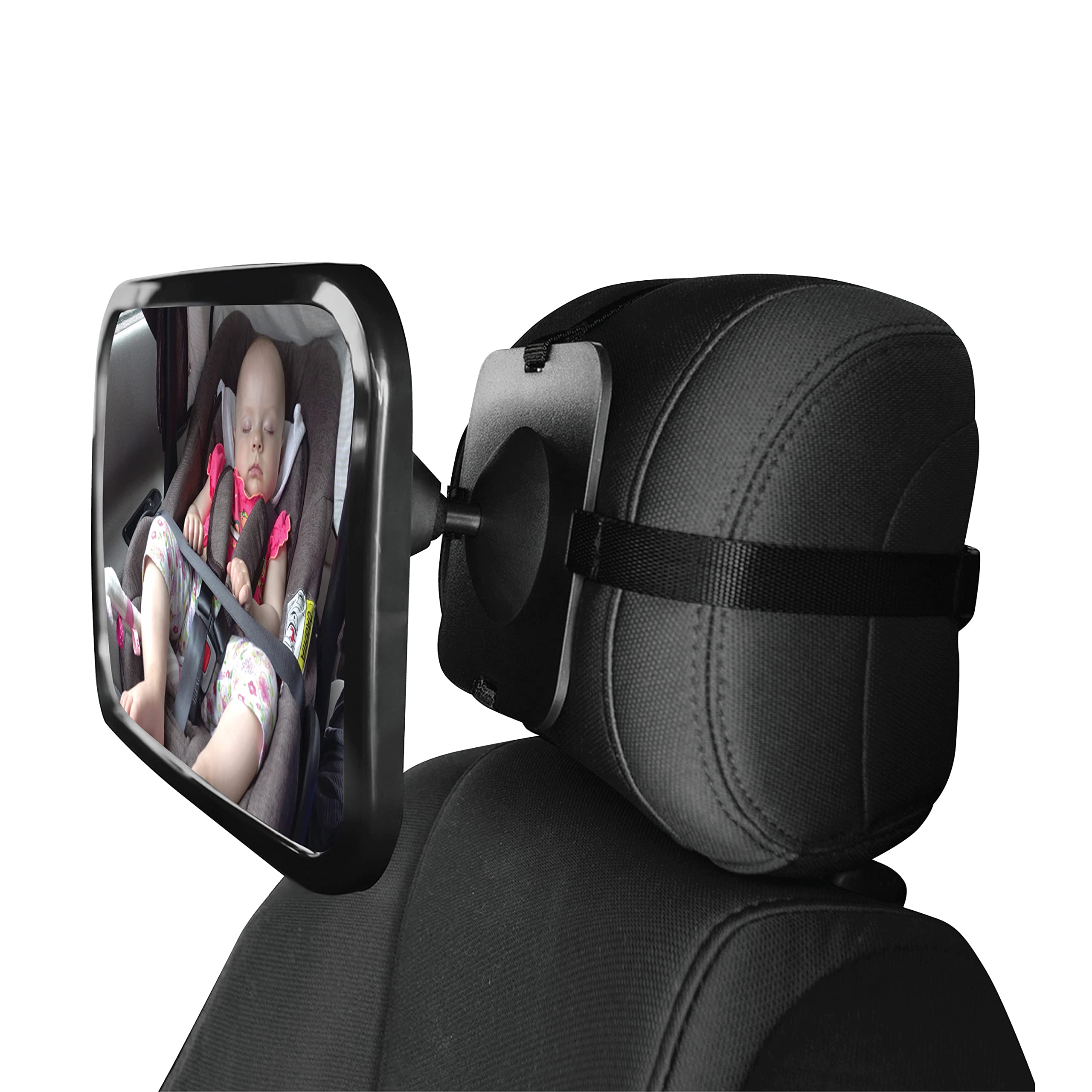 Almineez Large Universal Car Back Seat Shatterproof Safety Child Toddler Infant Newborn Clear Wide Rear View Facing Baby Mirror with Fully Adjustable Tilt Turn Anti-Wobble Headrest Fixing Straps