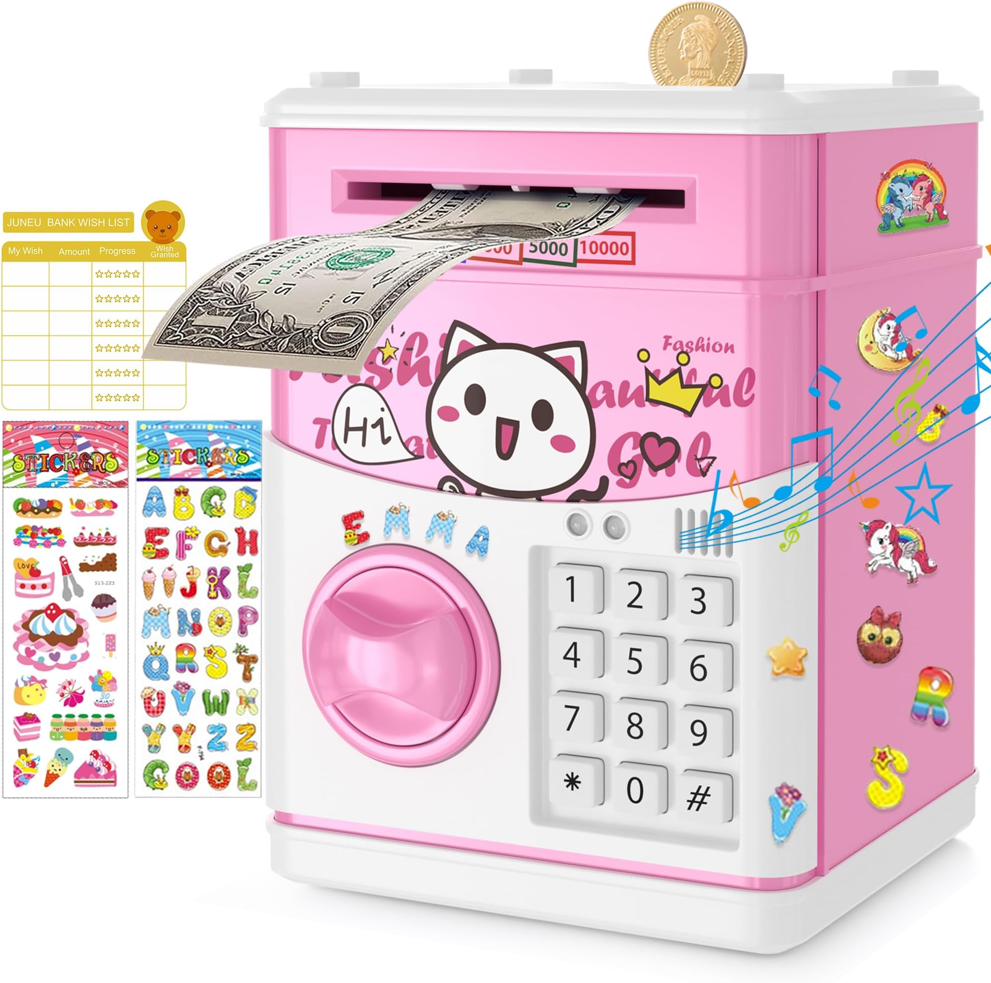 JUNEU Cat Piggy Bank for Kids, 3 4 5 6 7 8 Year Old Girl Toys, Electronic Money Saving Box for Kid, Mini ATM Coin Kids Safe Bank, Birthday Gifts for Girls, Cool Stuff, Ideas