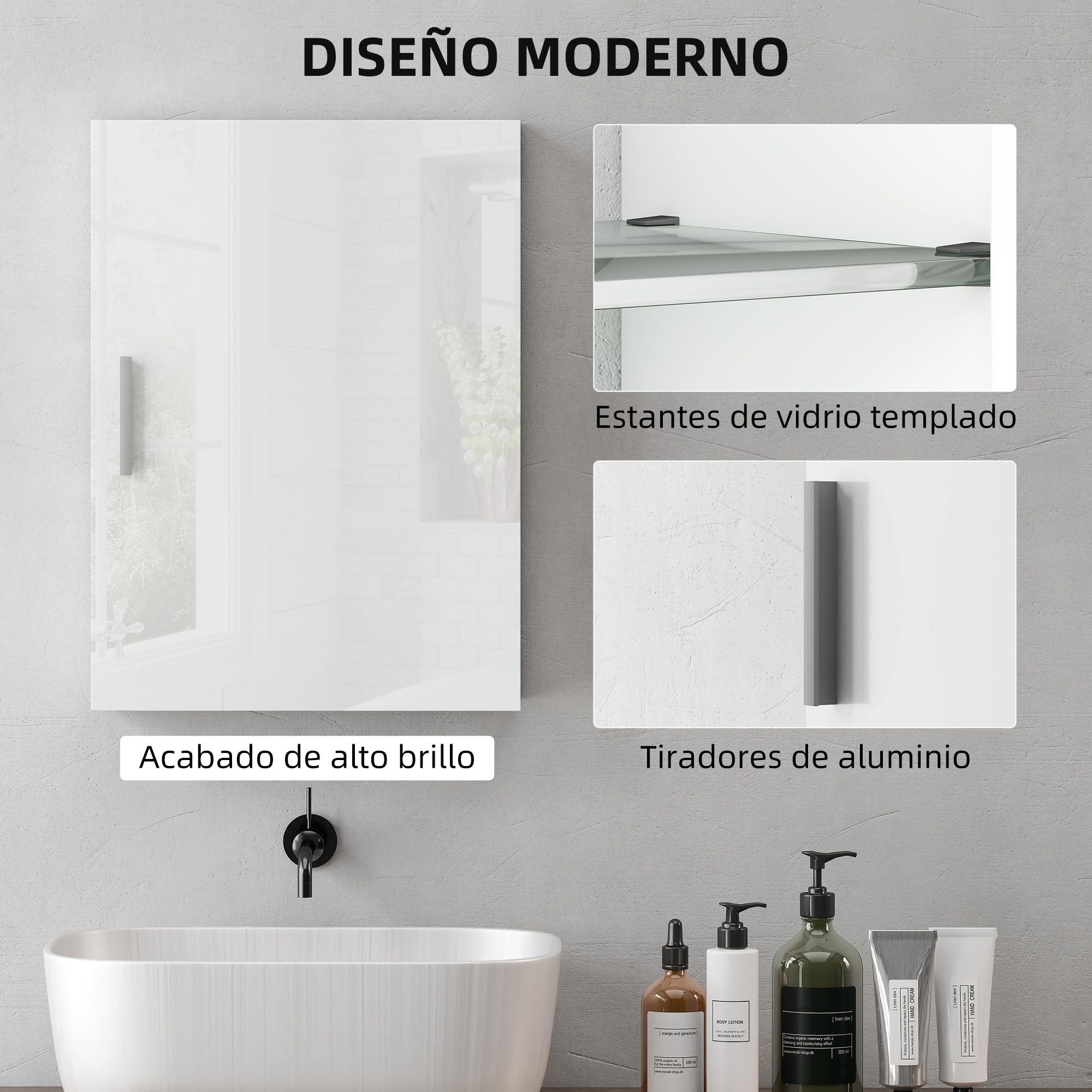 HOMCOM Armario de Baño Pared, Mueble de Baño Colgar con Estantes Ajustables de Vidrio Templado, Ahorro de Espacio, Armario Multiusos para Colgar para Entrada, 40x15x55 cm, Blanco Brillo