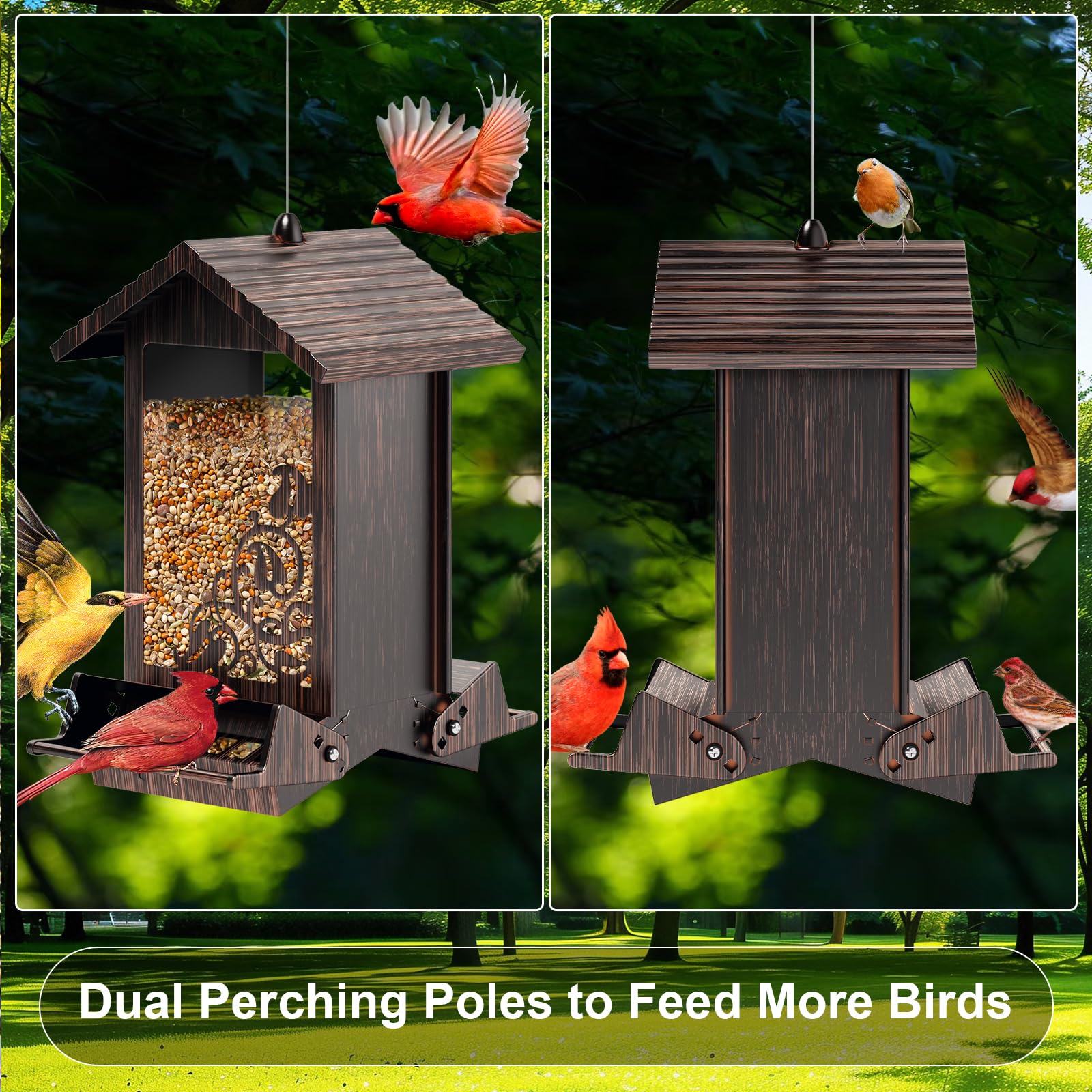 Comedero para pájaros a prueba de ardillas para colgar al aire libre, comedero de semillas de pájaros de metal con perchas bilaterales activadas por peso, comederos de pájaros silvestres de gran