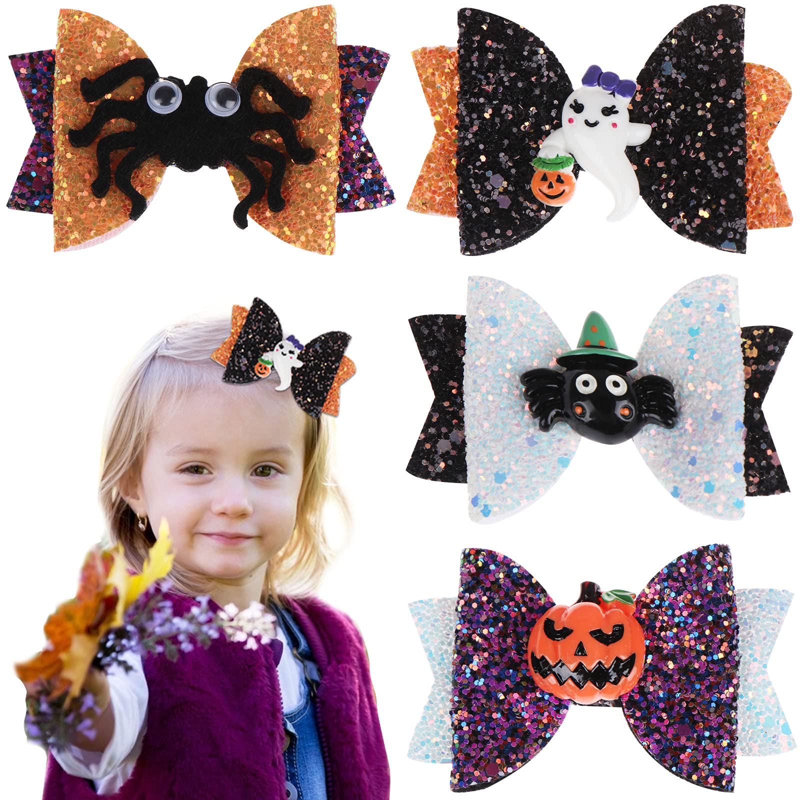 4 Pack 3" Halloween Hair Bows Clip New Girl Bow Hairpin Boutique Glitter Spider Hair Bow for Girls Party Dance Hair Barrettes Flower Hair Accessories Ghost Hairpin Headdress Cartoon Hair Grips