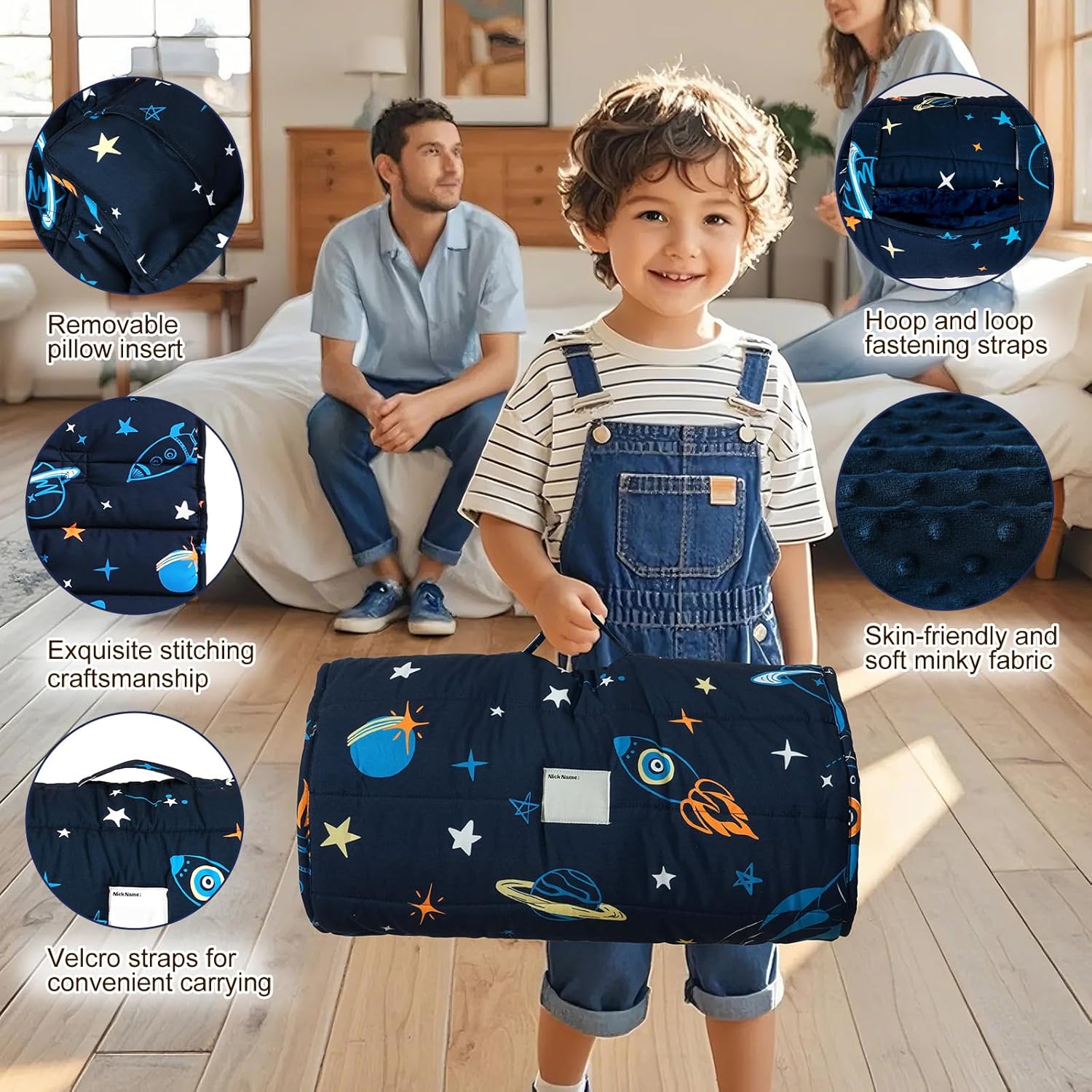 david's kids Minky Toddler Nap Mat with Removable Pillow and Minky Fleece Blanket, Soft Slumber Bags for Boys, Perfect for Preschool, Daycare, Kids Sleeping Bags with Rollup Design, 50"x20", Space