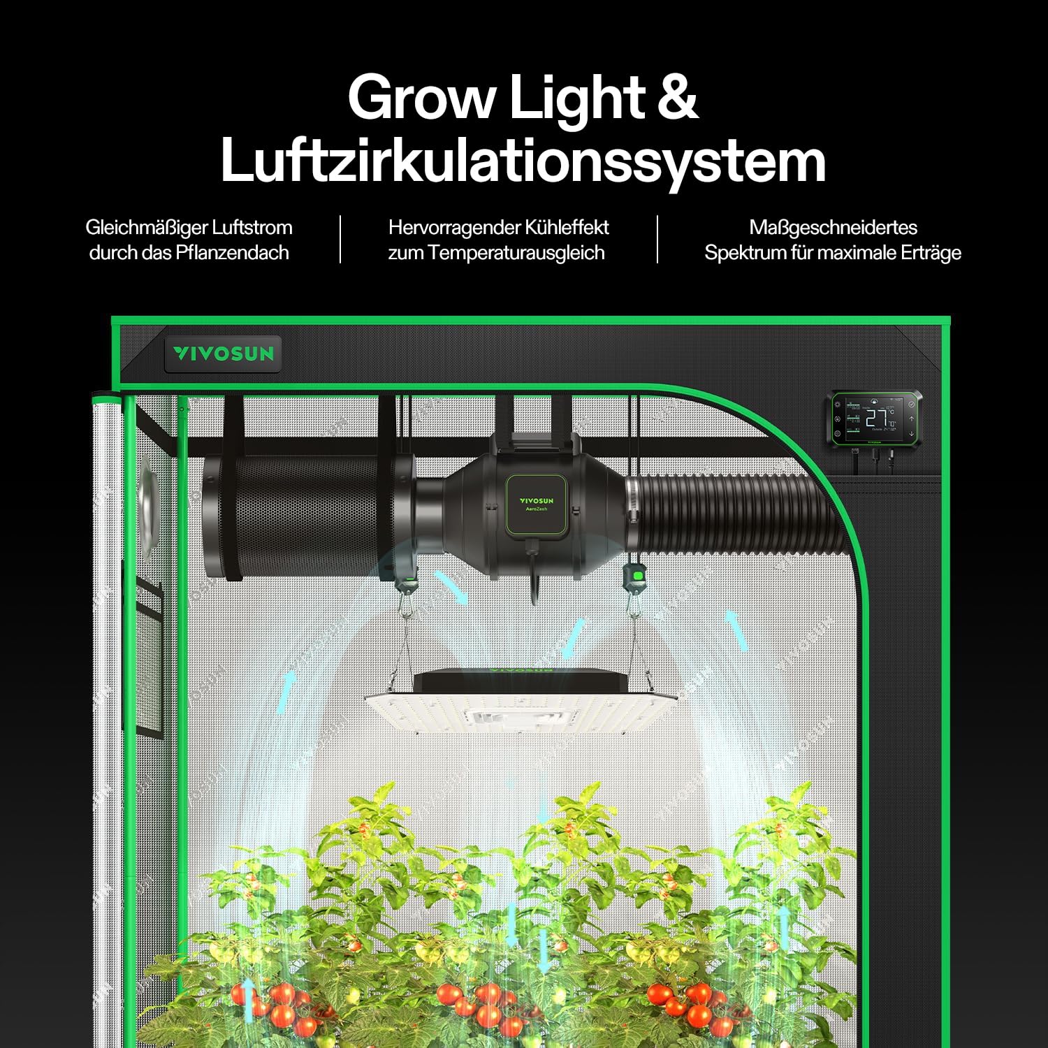 VIVOSUN Smart Growzelt Komplettset 80x80x160cm LED Lampe 150W Vollspektrum Ventilation Zirkulation GrowHub E42A Controller WLAN