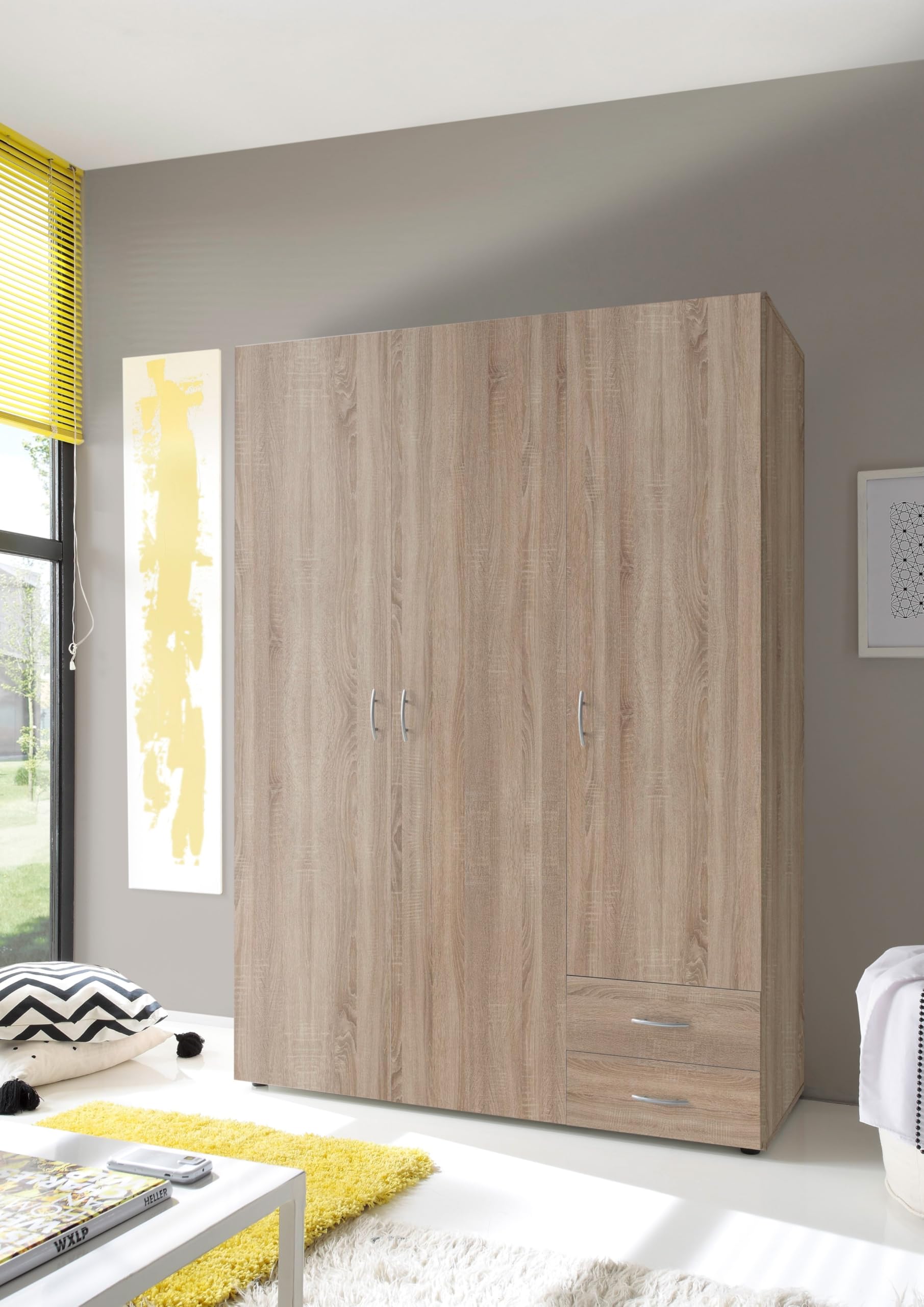 Armadio Guardaroba 3 Ante e 2 Cassetti | Armadio Camera da Letto Moderno 121x177x51 cm (LxHxP) | Ampio Spazio Organizzativo con Barra Appendiabiti | Colore Rovere