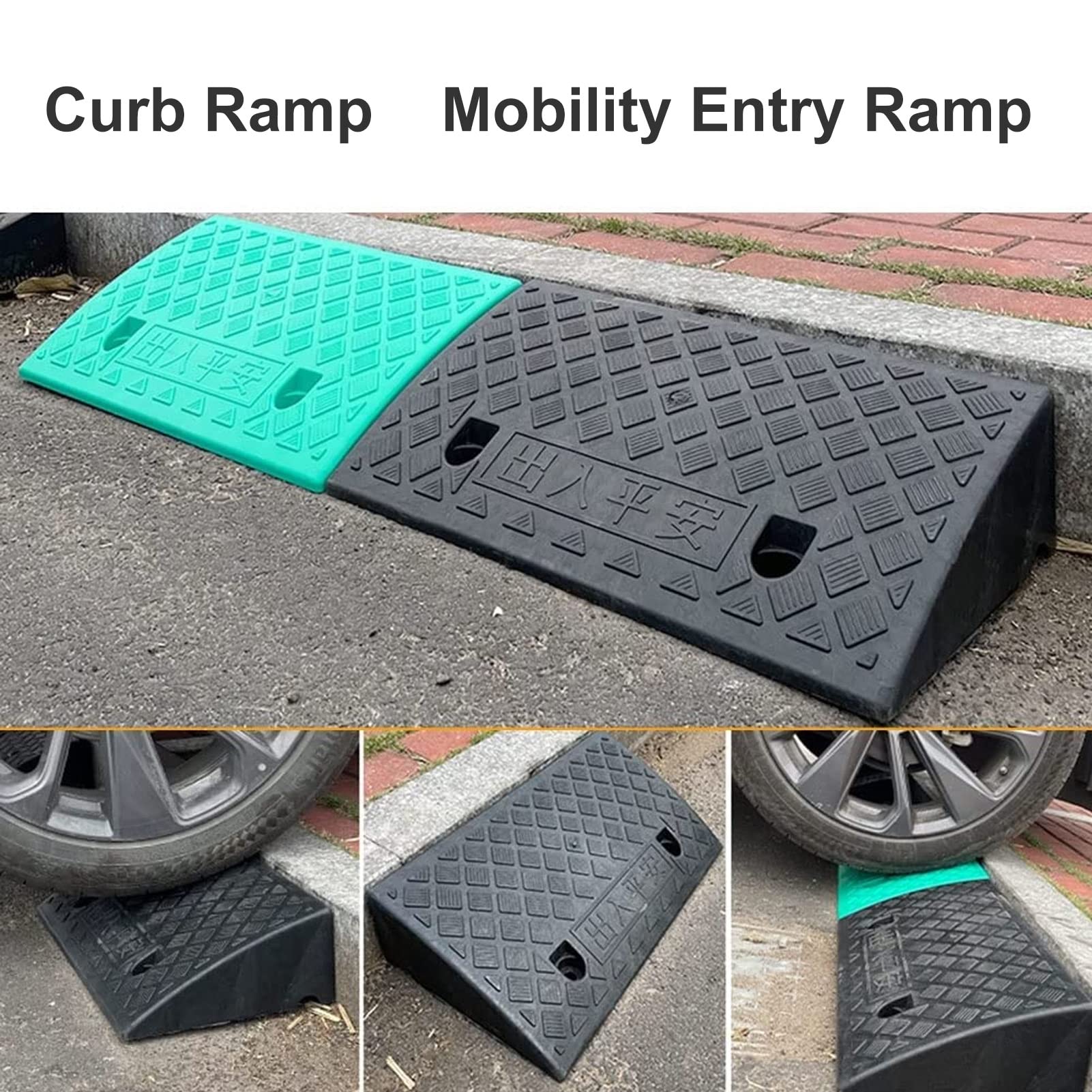 Przenośne lekkie plastikowe rampy krawężnikowe, wytrzymała rampa progowa na podjazd, na podjazd, do stacji załadunkowej, chodnika, samochodu, skutera, roweru, motocykla (kolor: zielony, rozmiar: 50 x 27 x 7 cm)