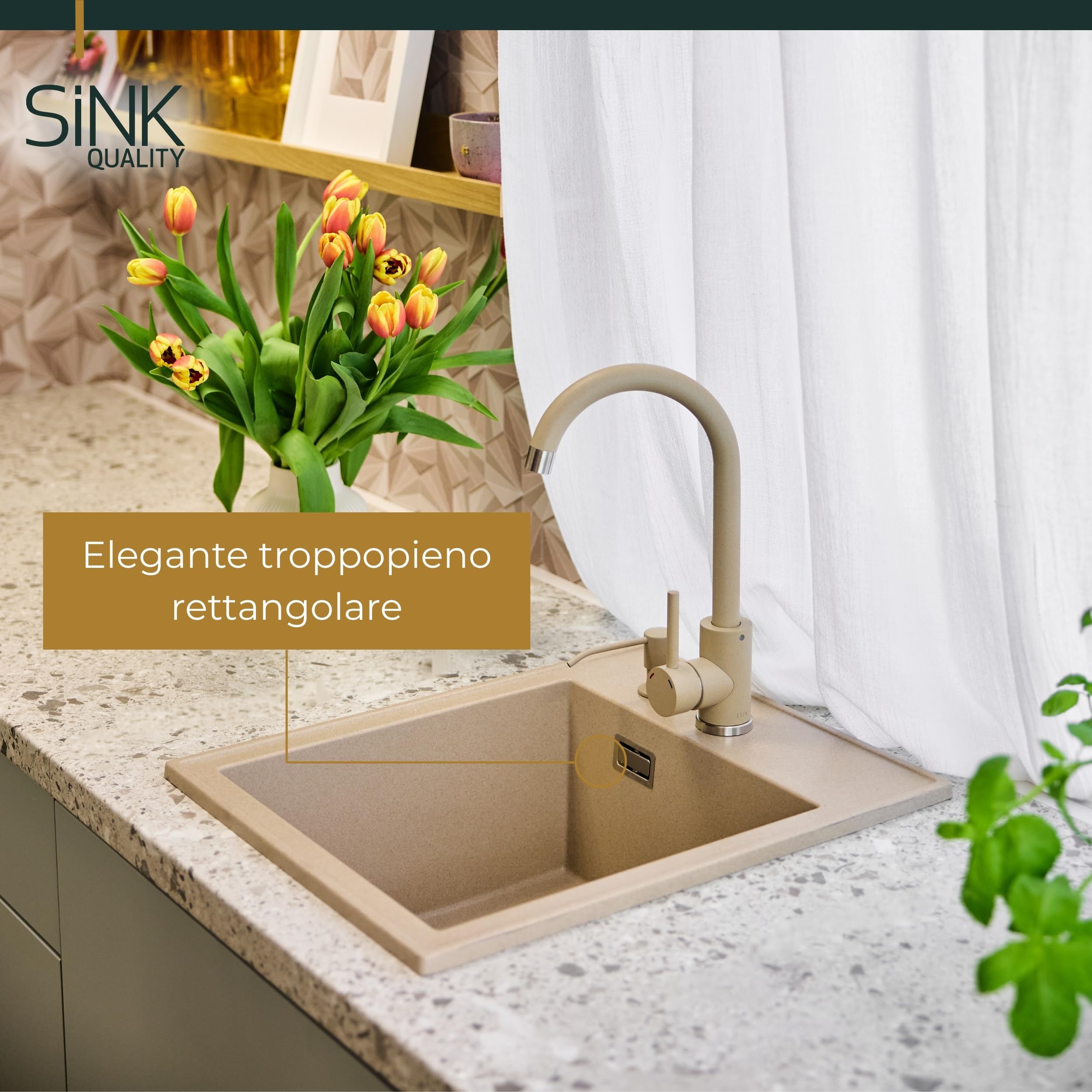 SINK QUALITY - Set completo di lavello in granito, 40 x 50 cm, con rubinetto da cucina, dispenser di sapone, sifone e impregnazione, lavello senza scolapiatti per mobiletti a partire da 40 cm di