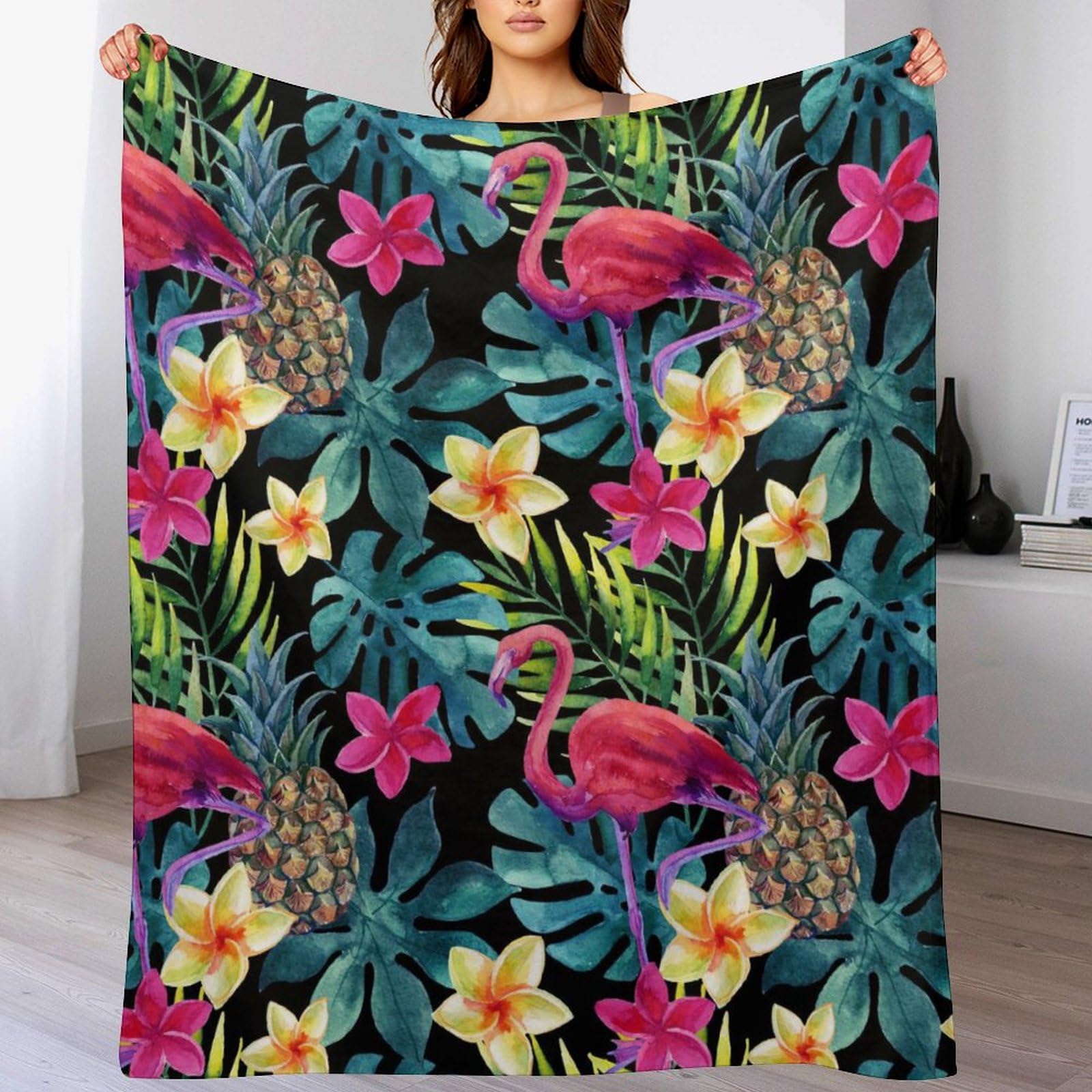 Melbrakin Color403 Tropical Watercolor Pine Flamingo Exotic Flowers Leaves Soft Flannel Travel Blanket, Living Room Home Sofa Decoration Blanket, Dormitory Office Nap Blanket