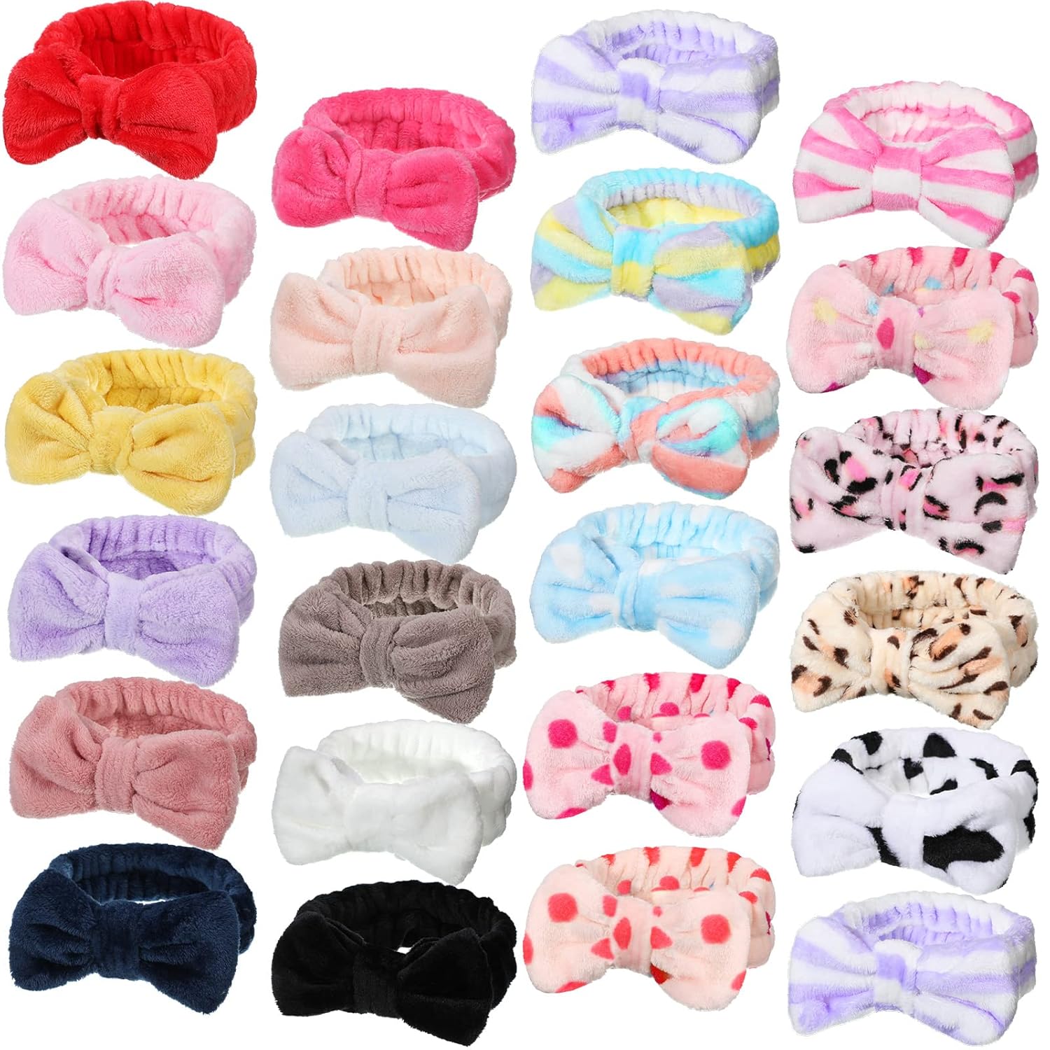Jexine 24 Pcs Facial Spa Headband Makeup Headbands Bulk Bow Hair Head Band Fluffy Plush Spa Headband for Women Washing Face Shower Cleansing (Minimalist Color,vintage style)