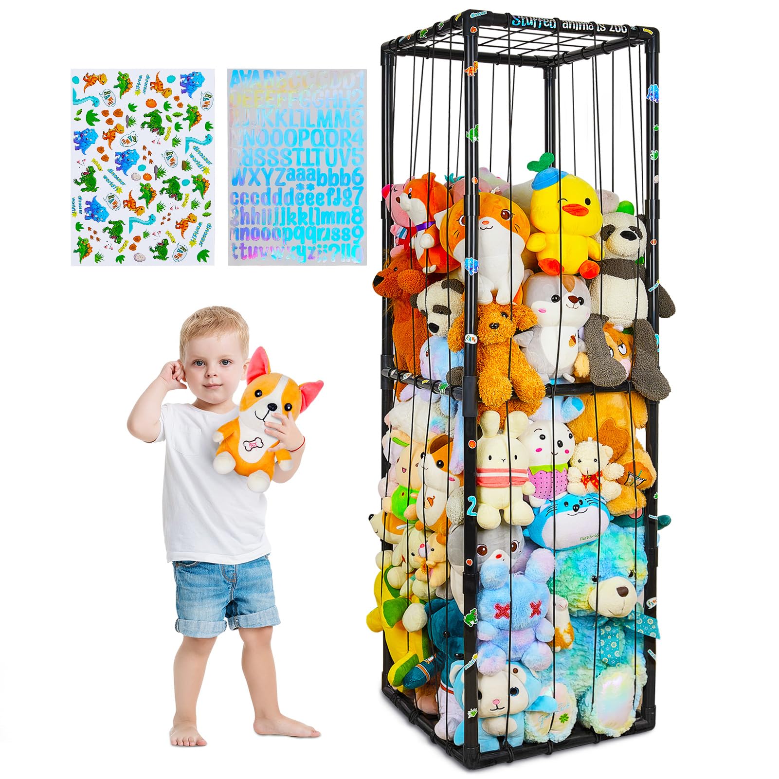 FIOBEE Stuffed Animals Storage Zoo Thicken PVC Tube Kids Toy Storage Organizer with Elastic Band Large Stuffed Animals Holder for Nursery Playroom Bedroom Room Furniture Plush Storage, Black