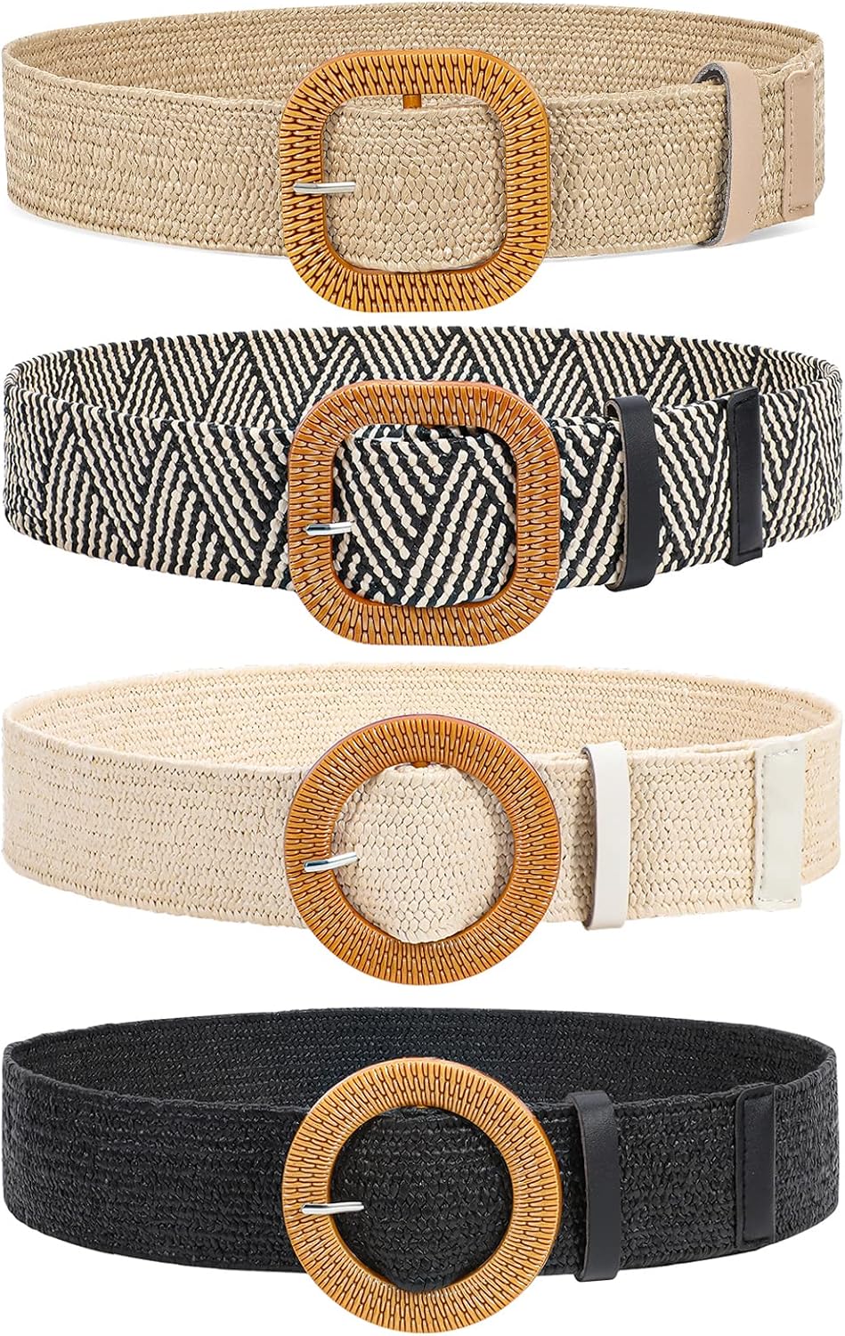 VONMELLI 4 Pack Straw Woven Elastic Stretch Waist Belt for Women Fashion Dress, Boho Braided Women's Belts
