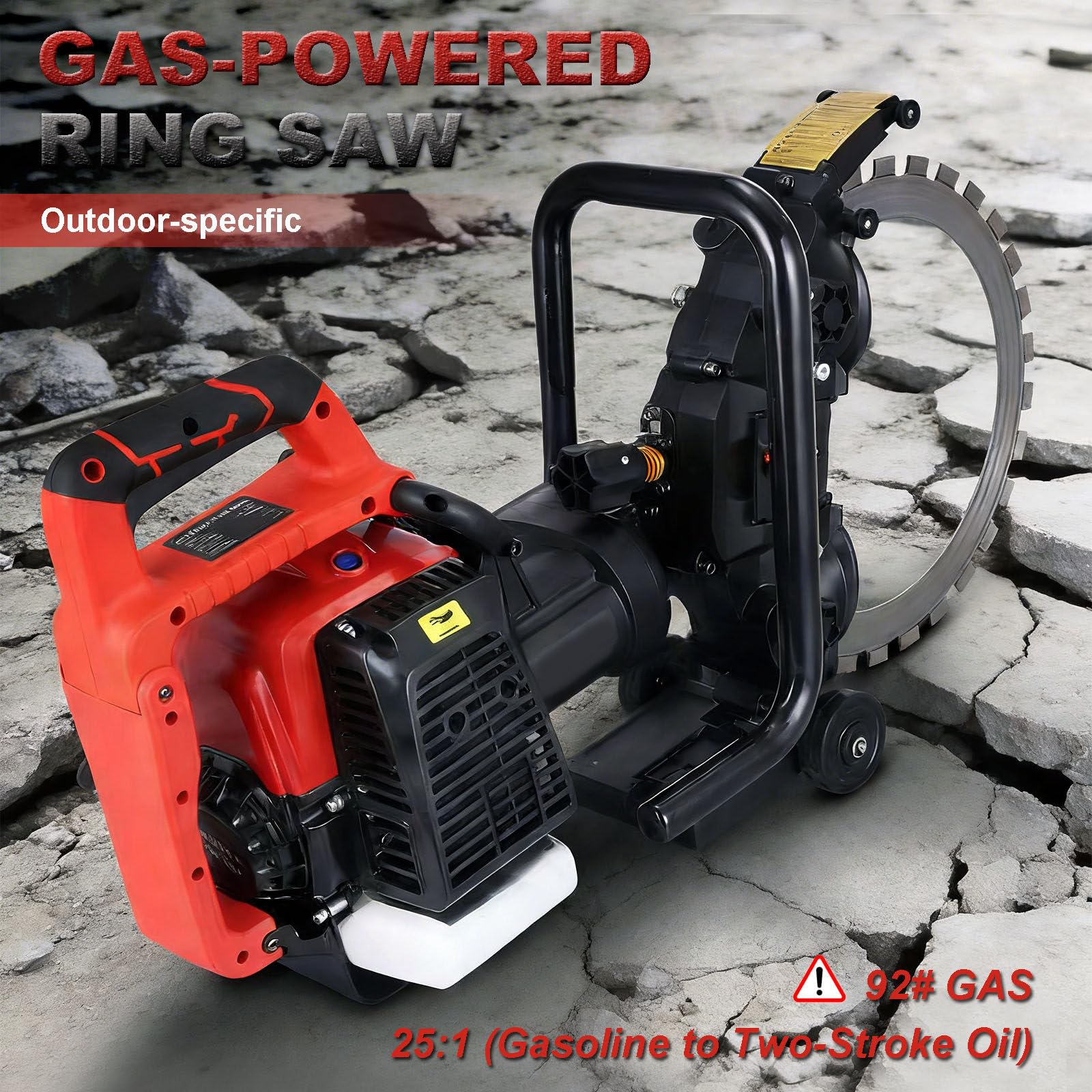 Sierra de Hormigón a Gas Inalámbrica 16" – 4800W 9000RPM Sierra de Corona Húmeda con Control de Polvo, Profundidad de Corte de 12" para Asfalto, Granito, Renovación & Trabajos Viales