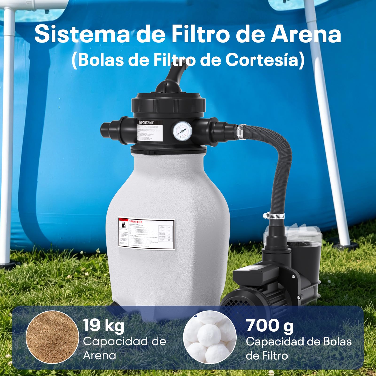 POOLPURE 1 Unidad Planta De Filtro De Arena 6 M³/H Incluye 700G Bolas Filtrantes | Válvula De 7 Vías Y Adaptador 2En1 Ø32Mm - 38Mm | Filtro De Piscina Con Manómetro | Recambio Para Planta De Filtro De