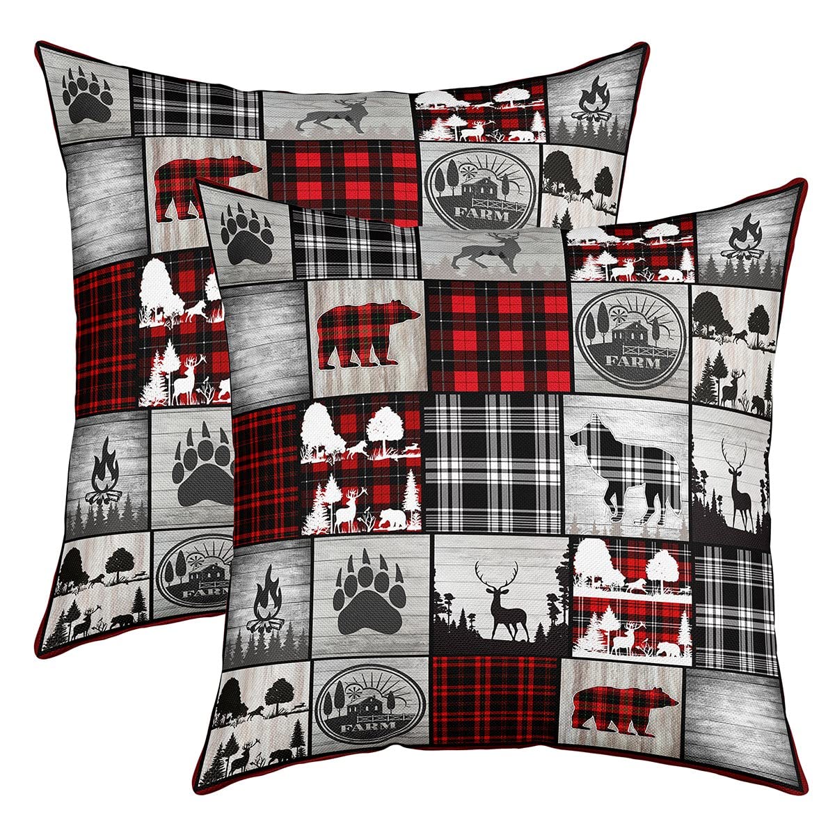 richhome Rustic Plaid Pillow Cover 18x18 Inch Farmhouse Style Wild Animal Square Throw Pillow Cover for Bedroom Bear Paws Print Decorative Cushion Cover Reversible Print