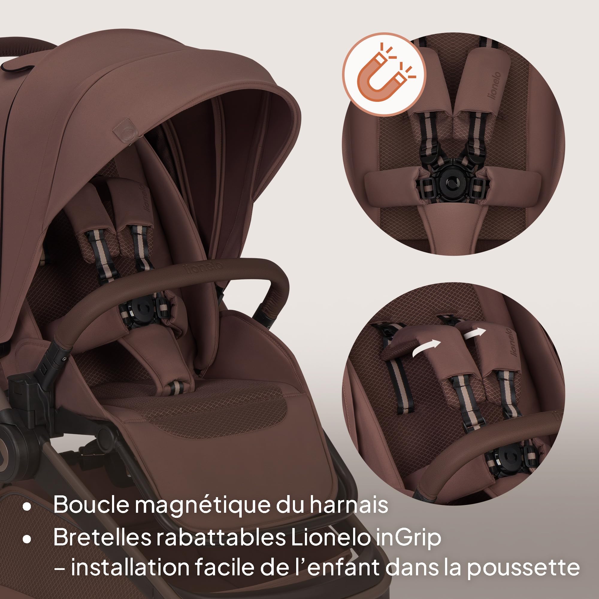 Lionelo Freya Poussette Trio 3 en 1 (0-4 Ans, Jusqu’à 22 Kg), Nacelle Pliable, Poussette et Siège Auto I-Size 40-87 Cm, Suspension, Roues PU, Capote UPF50+, Accessoires, Système de Voyage (Brown)