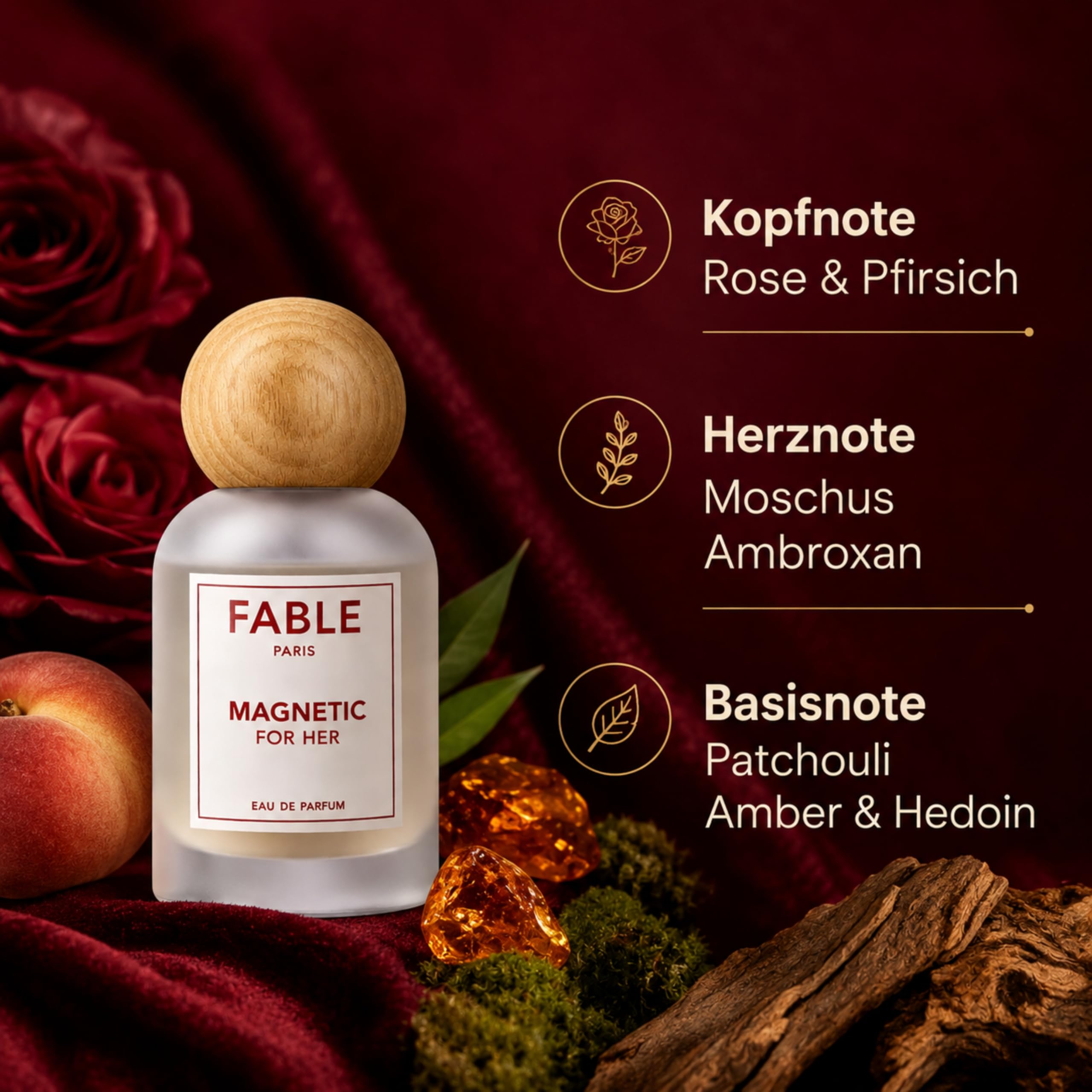 Pheromon Parfum Damen, FABLE PARIS MAGNETIC FOR HER Eau de Parfum Frauen, Sinnlicher femininer Duft, Langanhaltend Rose Pfirsich Moschus Amber, Parfum Duft, Geschenk für Frauen, Made in Germany, 50 ml