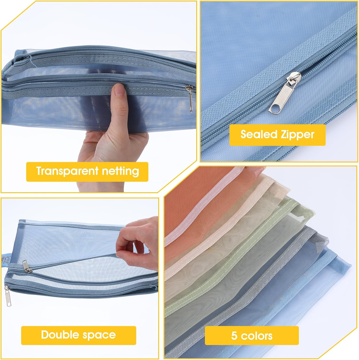 10 Pack Colored Mesh Zipper Pouch Bags, Double-Layer Nylon Building Block Sets Toy Storage & Organization, Breathable See Through (5Pcs A4+5Pcs A5) Zipper Pouch with Handle for Activity Office Games
