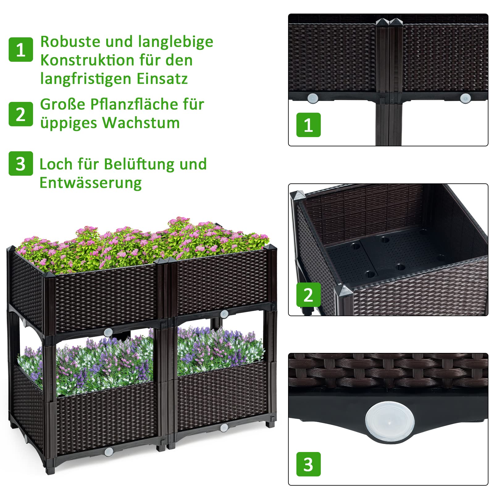 GOPLUS 4-Blumentopf Set, Erhöhtes Gartenbeet mit Wasserspeicher & Entwässerungsloch, stehender Blumentopf mit Abnehmbarer Füße, Blumenkasten für terrasse & Garten & Balkon, Quadratisch 40x40 cm