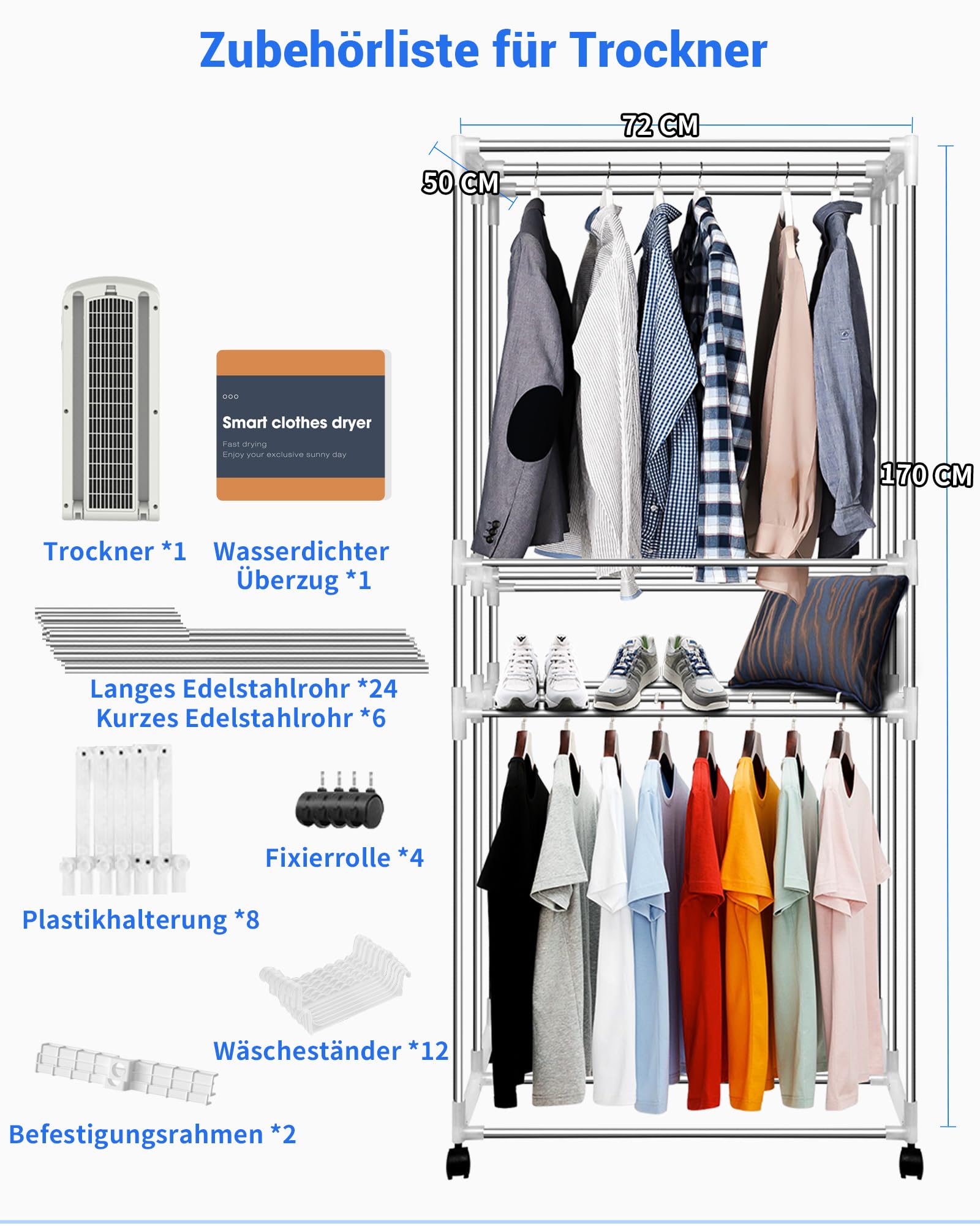 Tragbarer Wäschetrockner, 1600W Elektrisch Wäschetrockner Tragbarer, 170cm Klappbare Wäscheständer Platzsparend, Digitaler Automatik-Timer Tragbarer Wäschetrockners für Wohnung und Haus