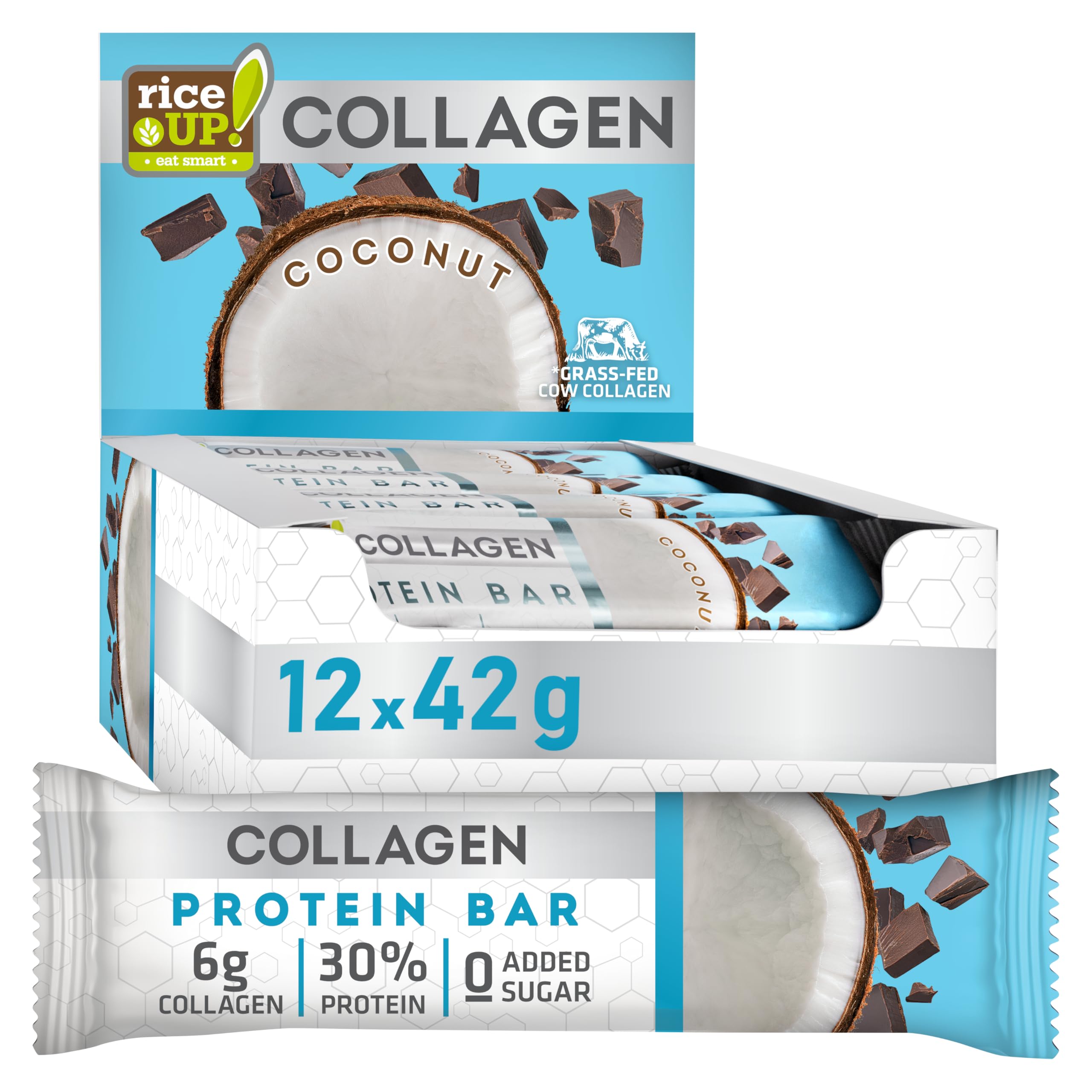 RiceUP! Barre Protéinée Noix de Coco au Collagène – 30% Protéines, 6000 mg Collagène Type I & III, Sans Sucre Ajouté, Moins de 215 kcal – Snack Protéiné 12 x 42 g