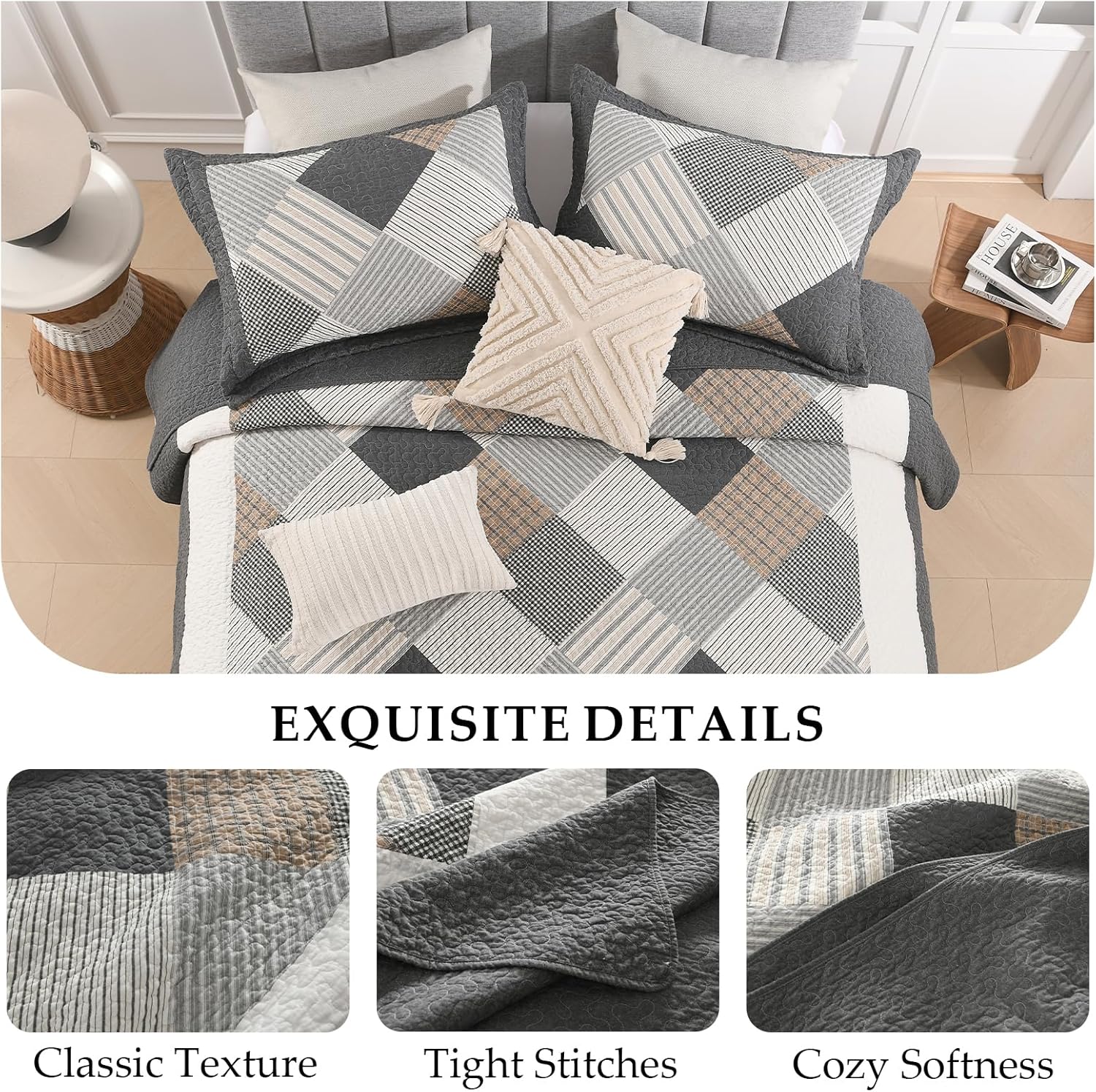 King Quilt Set - 100% Cotton Farmhouse Quilt Bedding Set with 3 Pieces in Dark-Gray/White/Brown - Image 6
