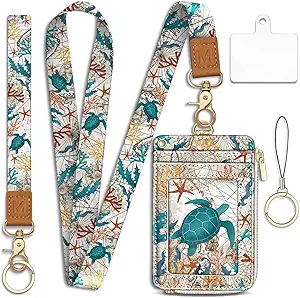 Lanyard Wallet with Id Badge Holder, Sea Turtle RFID Small Keychain Wallet Women Wristlet, Cute Zipper Credit Card Holder Phone Wrist Neck Strap for Key Name Tag, Teacher Student Office Gifts
