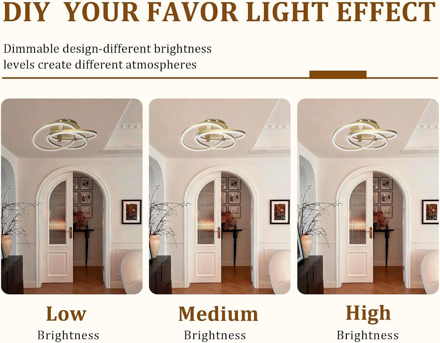 Maxax 23.5" Gold Led Ceiling Light Fixture, Modern 3 Rings Flush Mount Chandelier, Close to Ceiling Lamp for Bedroom Living Room Dining Room Kitchen, ETL Listed