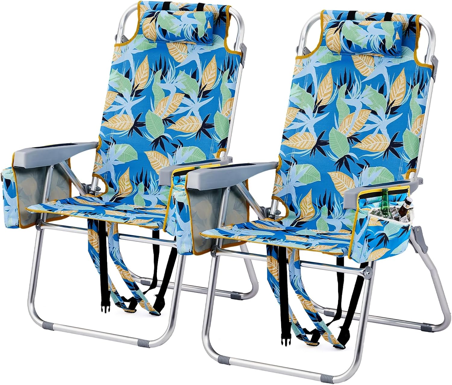 16" Tall Beach Chairs for Adults,2-Pack Lightweight Backpack Chair with 5-Position,Cooler Bag,Cup Holder,Towel Rack，Suitable for Camping Pool Patio Lawn Outdoor Travel