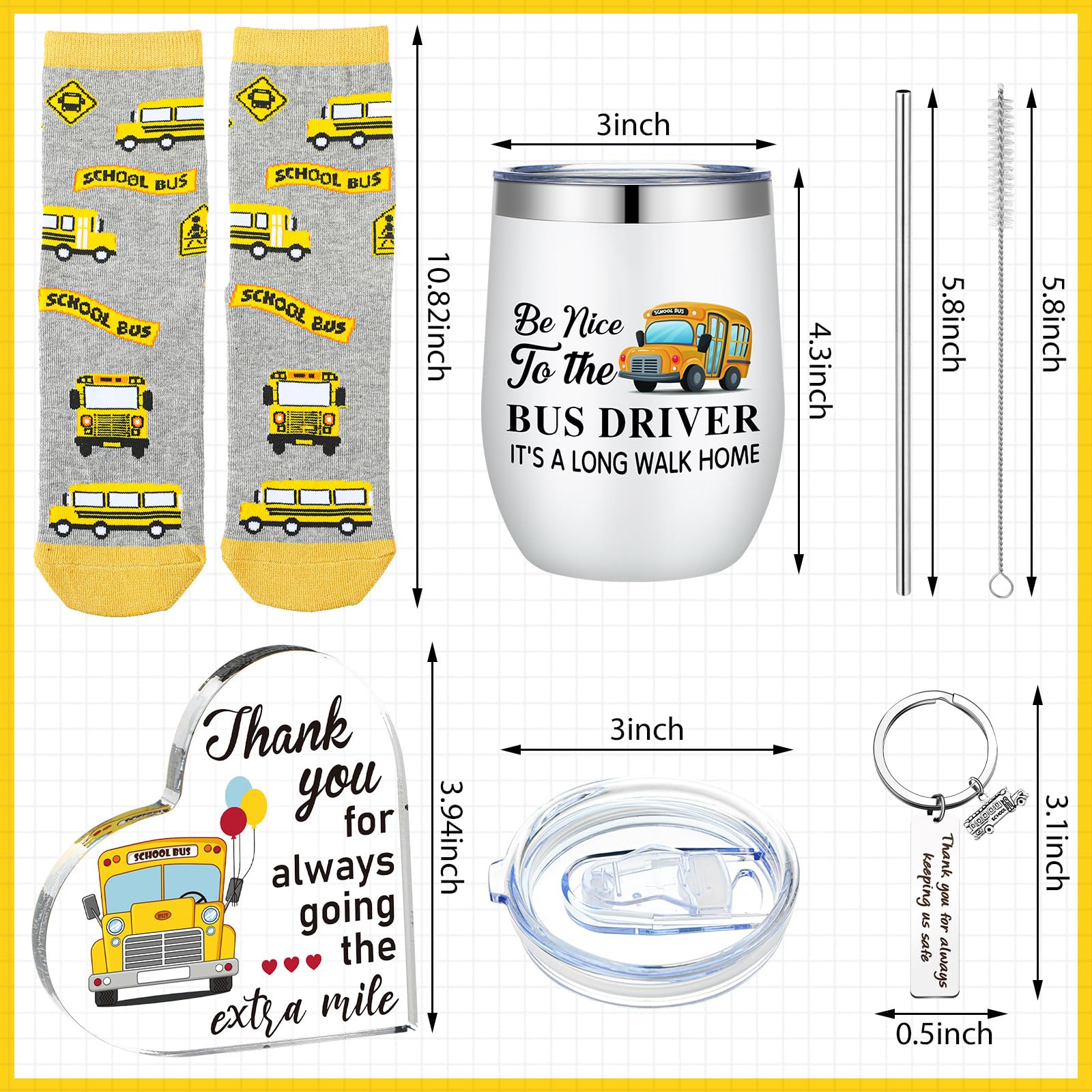 FoldTier 5 Pcs End of Year School Bus Driver Appreciation Gifts for Women Men 12oz Tumbler with Lid and Socks Stainless Steel Keychain Heart Acrylic Sign Box for Bus Driver Valentine Gifts