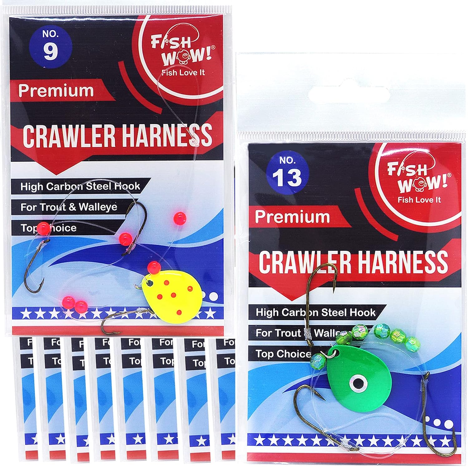 10 Packs 2-Styles Fish WOW!® 3-Hook Crawler Harness Walleye Spinner Rig #9#13