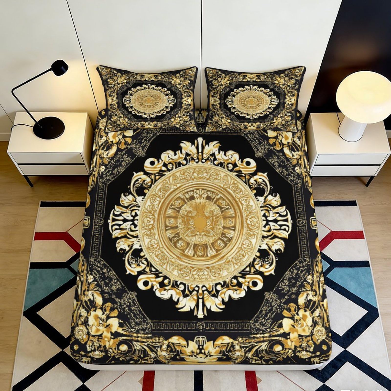 Pnayamiorkfel Style-5 3D Printed Baroque Medallion Fitted Sheet Microfiber Soft Gold Black Ornate Bed Cover For Bedroom Guestroom Decor 90X200x25cm
