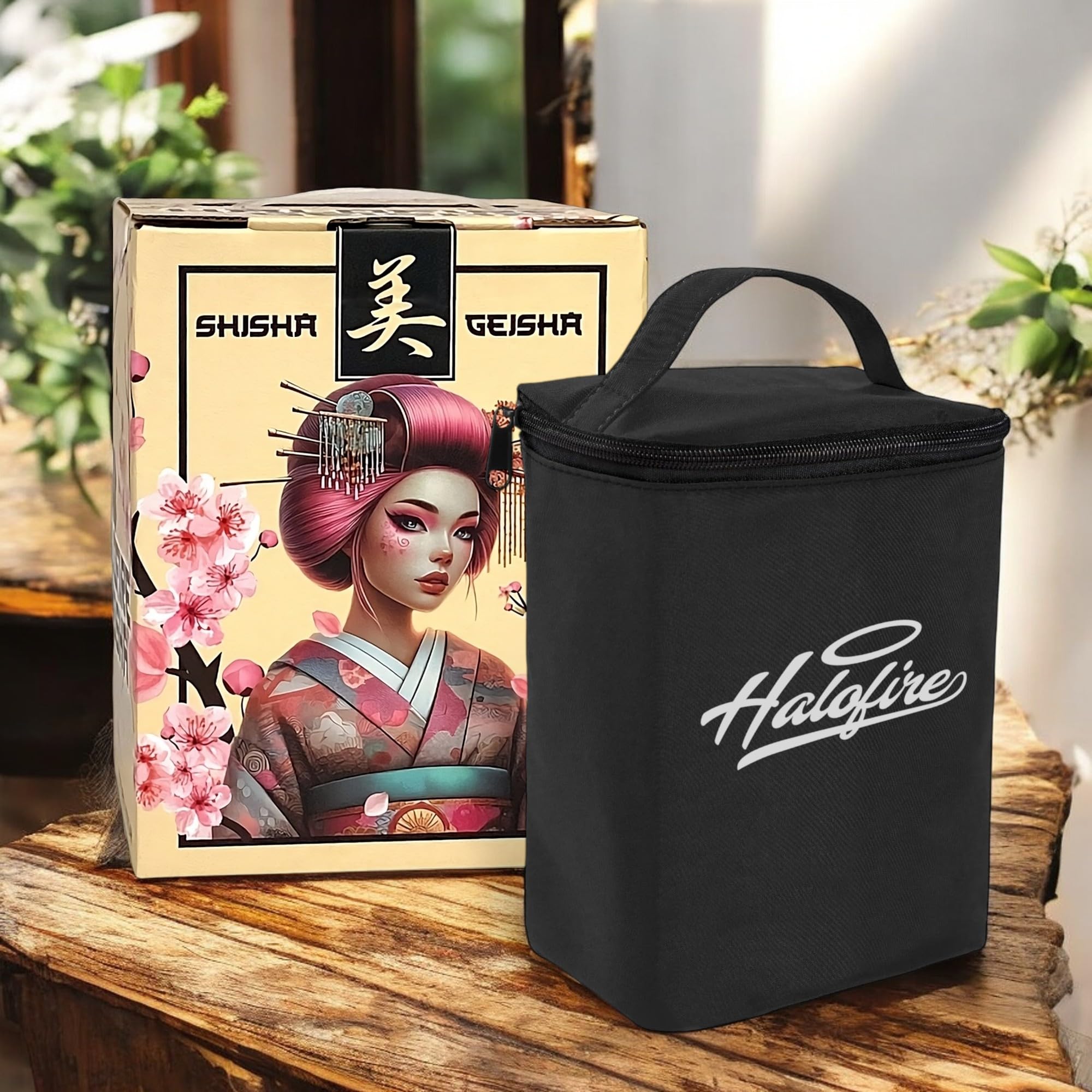 Cachimba Shisha Completa 50 cm con Maletín y Difusor Ajustable – Base Cristal Tallada, Cazoleta de Barro Negro y Plato Grabado a laser | Cachimba Halofire Geisha Negra