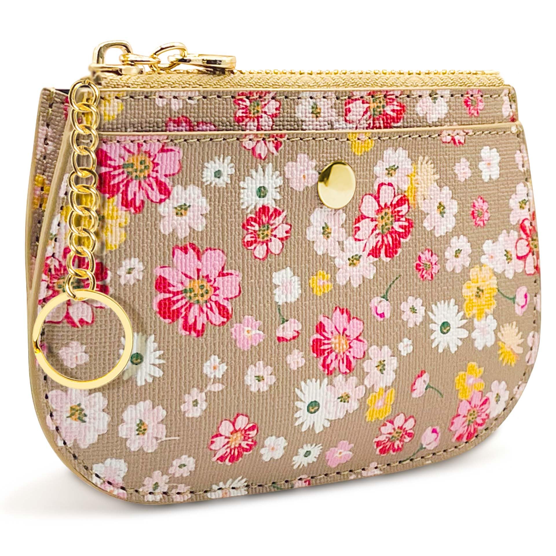 Coin Purse Wallet with Keyring, Small Zipper Pouch, Credit Card Holder, Taupe with Pink and Yellow Flowers (Taupe)