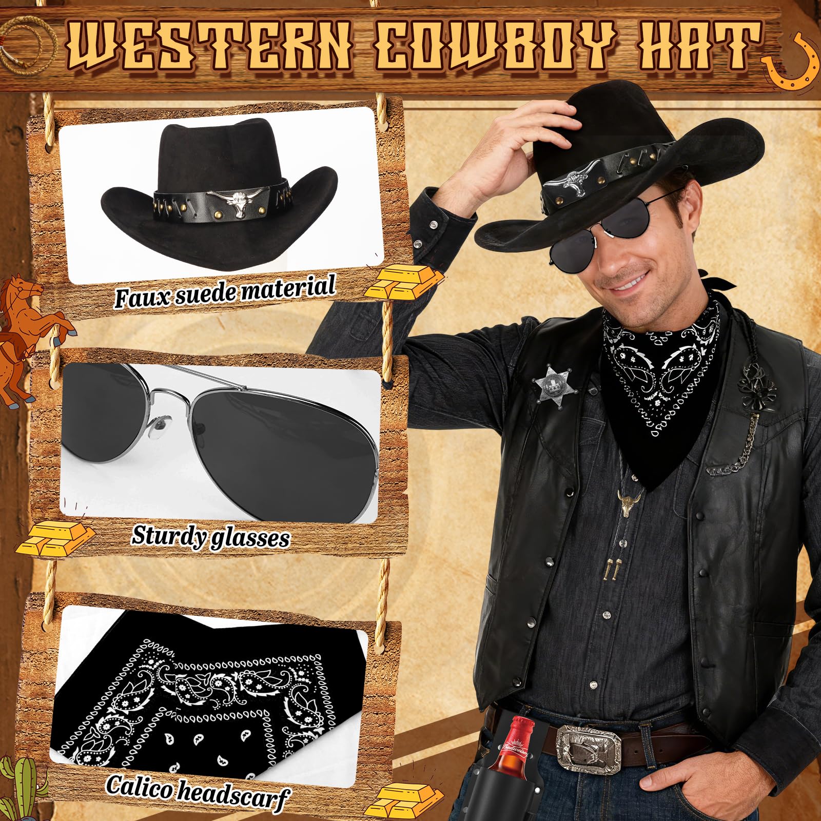 9-częściowy kostium kowbojski western, zestaw z kapeluszem, okularami, naszyjnikiem, uchwytem na kufel piwa, bandaną, kaburą, odznakami, paskiem na karnawał, na imprezę tematyczną, cosplay