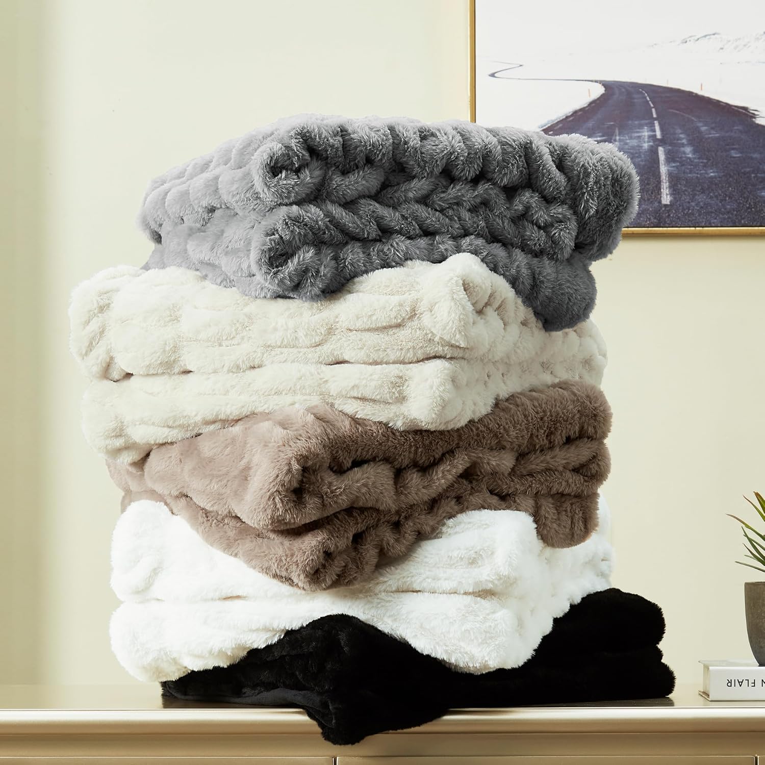 JONIYEAR Solid Soft Fuzzy Ruched Faux Rabbit Fur Throw Blanket 50" x 60", Decorative Shaggy Fluffy Raffle Blanket for Couch Sofa, Cute Cozy Accent Puffy Furry Blankets, Warm Blankets for Winter, White - Image 6