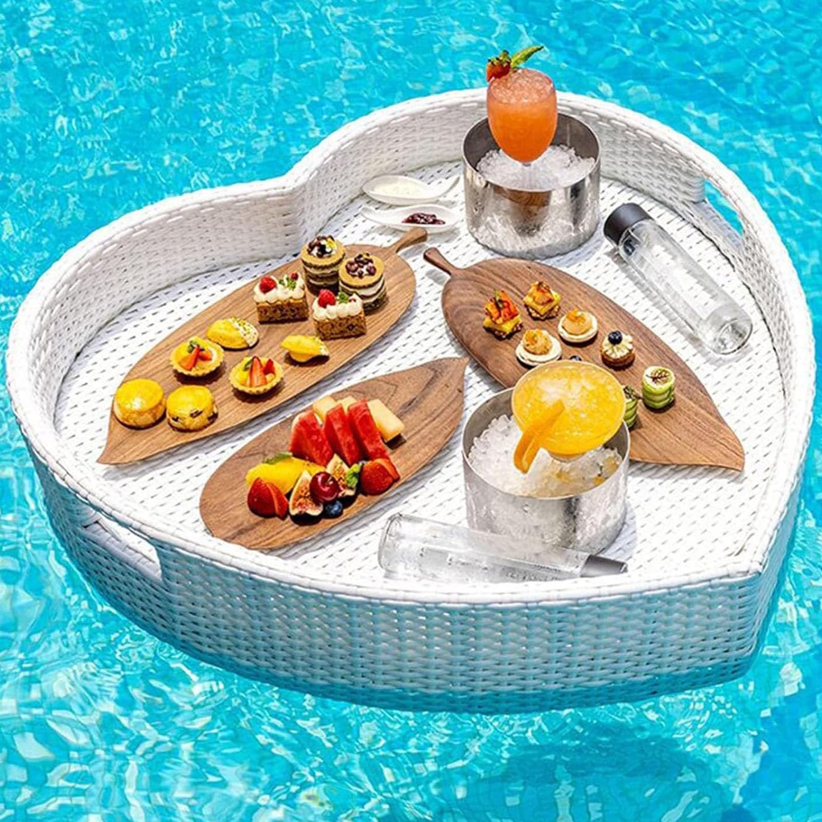 Rattan di Lusso Vassoio Galleggiante, Vassoio Galleggiante con Maniglia, Galleggianti per Piscina, Multiuso Vassoio da Pranzo in Vimini per Servizio in Piscina