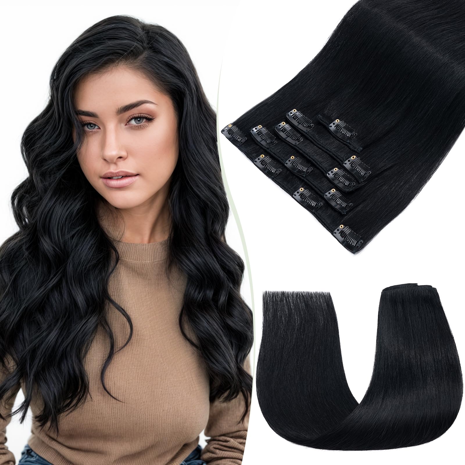 TESS Human Hair Extensions Clip in Real Hair Black Remy 5 Pieces Straight Natural Hairpieces for Women/Girls (#01 Jet Black