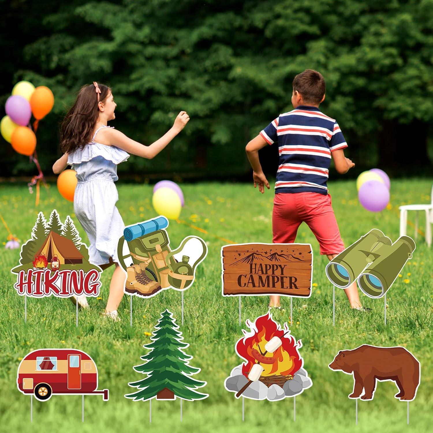 Amyhill 12 Pcs Summer Camping Yard Signs Decoration Happy Camper Decorations for Outdoor with Stakes Waterproof Decor Adventure for Summer Festive Holiday Party Patio Lawn Walkway Decorations