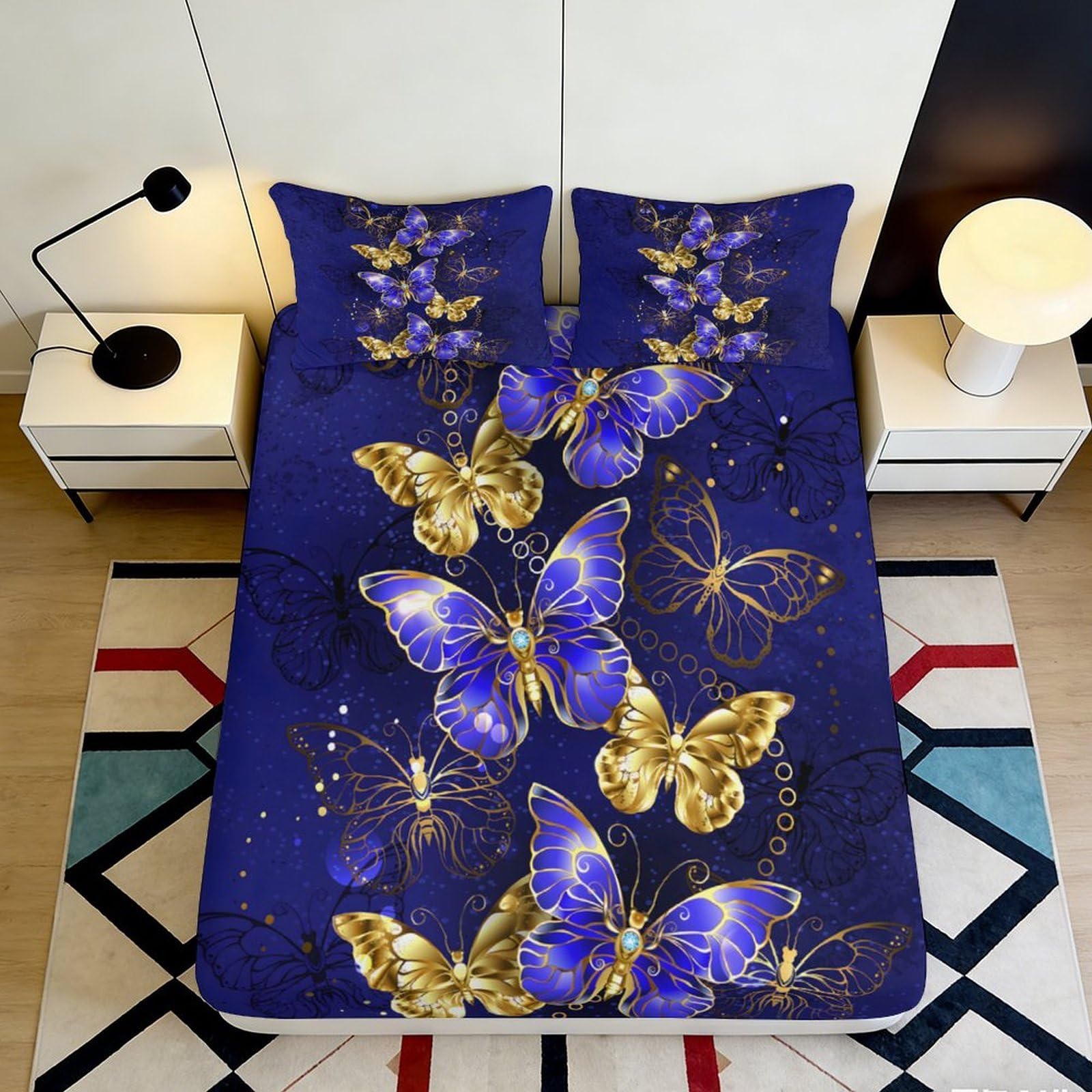 3D Printed Golden Butterfly Fitted Sheet Microfiber Deep Pocket Non-Slip Bedding Blue Butterfly Mattress Fitted Cover All-Age Home Use 200x200x25cm 90x200x25cm