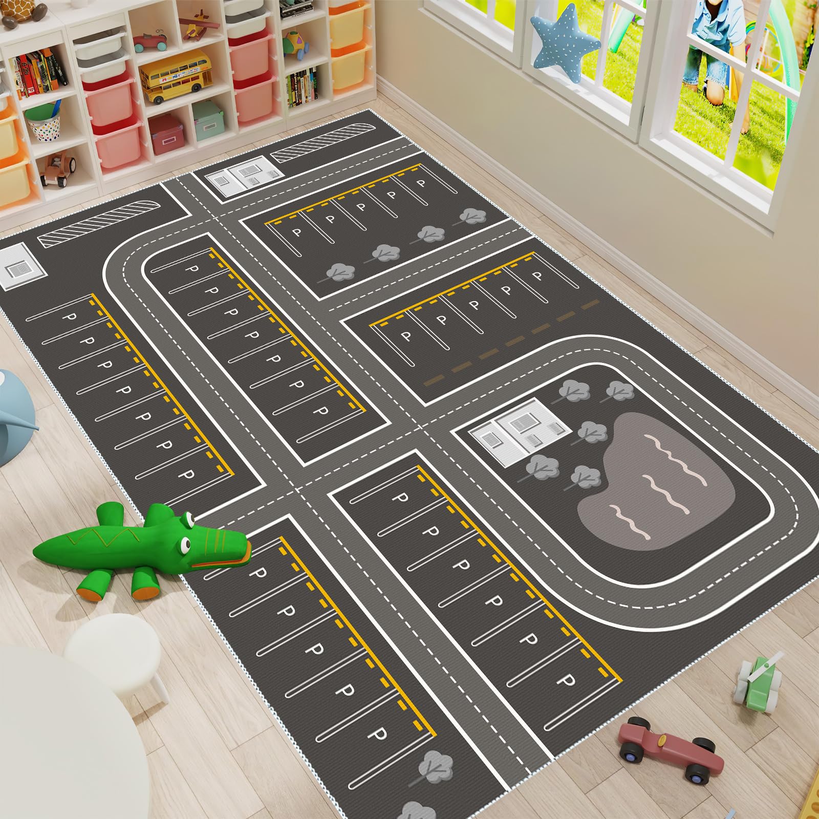 Autoteppich mit Breiten Straßen, Antirutsch-Rückseite, Straßenteppich – großen Parkplätzen, Jungen & Mädchen Kinderzimmer Spielteppich Straße Waschbar