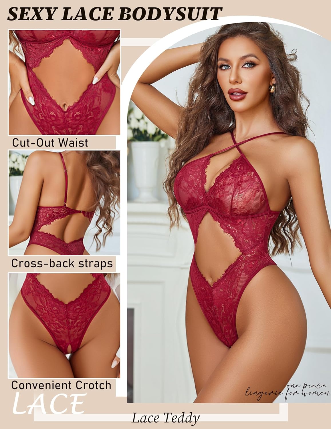 Avidlove Sexy Lingerie for Women Lace Teddy One Piece Cross Strap Bodysuit Lingerie - Image 2
